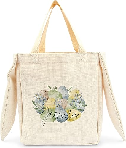 Miniatura 7 de Weddingstar Bolsa de tela de lona personalizable para cesta de Pascua con orejas de conejo, caza de huevos