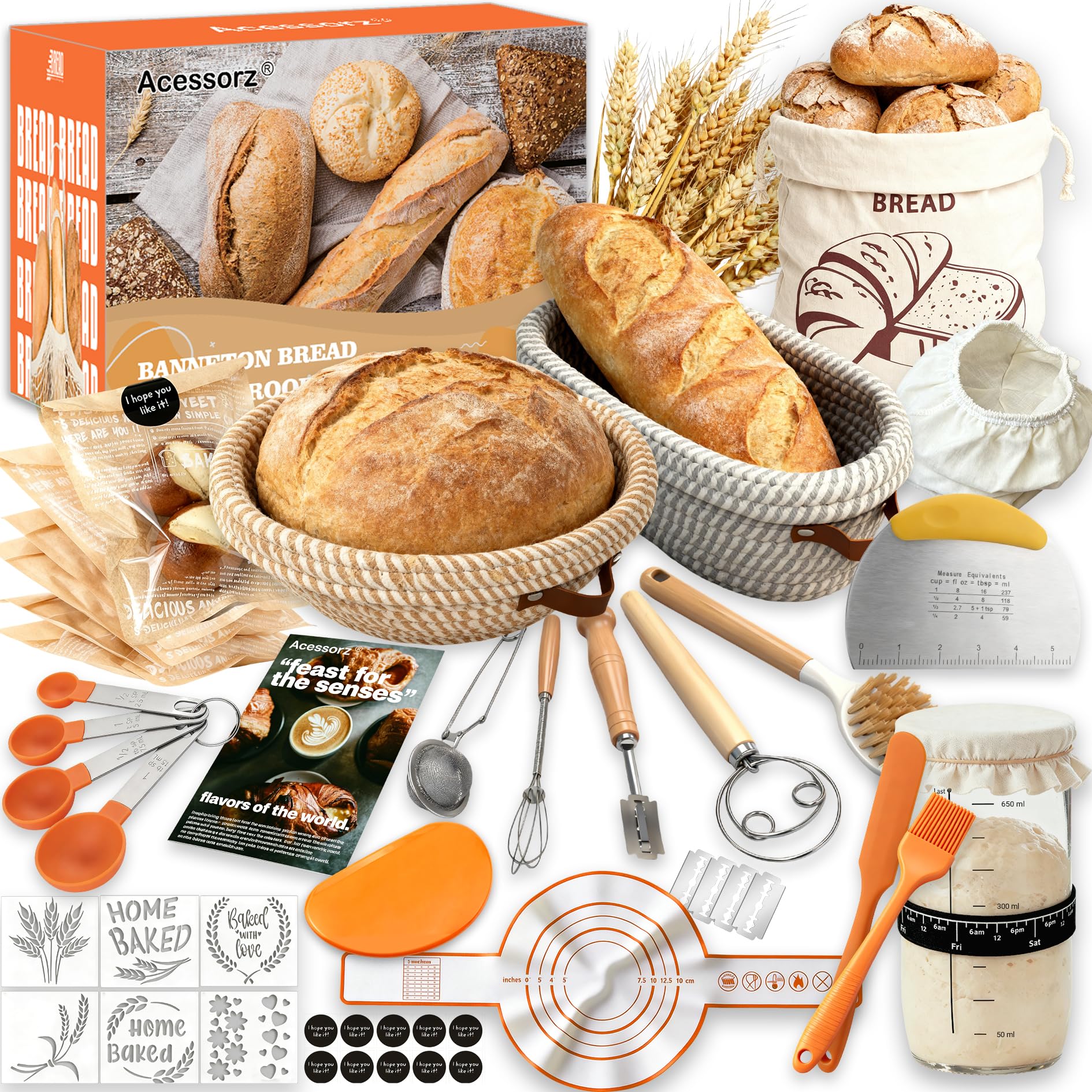 Acessorz Sourdough Bread Baking Supplies,Sourdough Starter Kit,2 Cotton Rope Banneton Proofing Basket,Bread Proofing Bas — beauty deal on Shopping With Noya