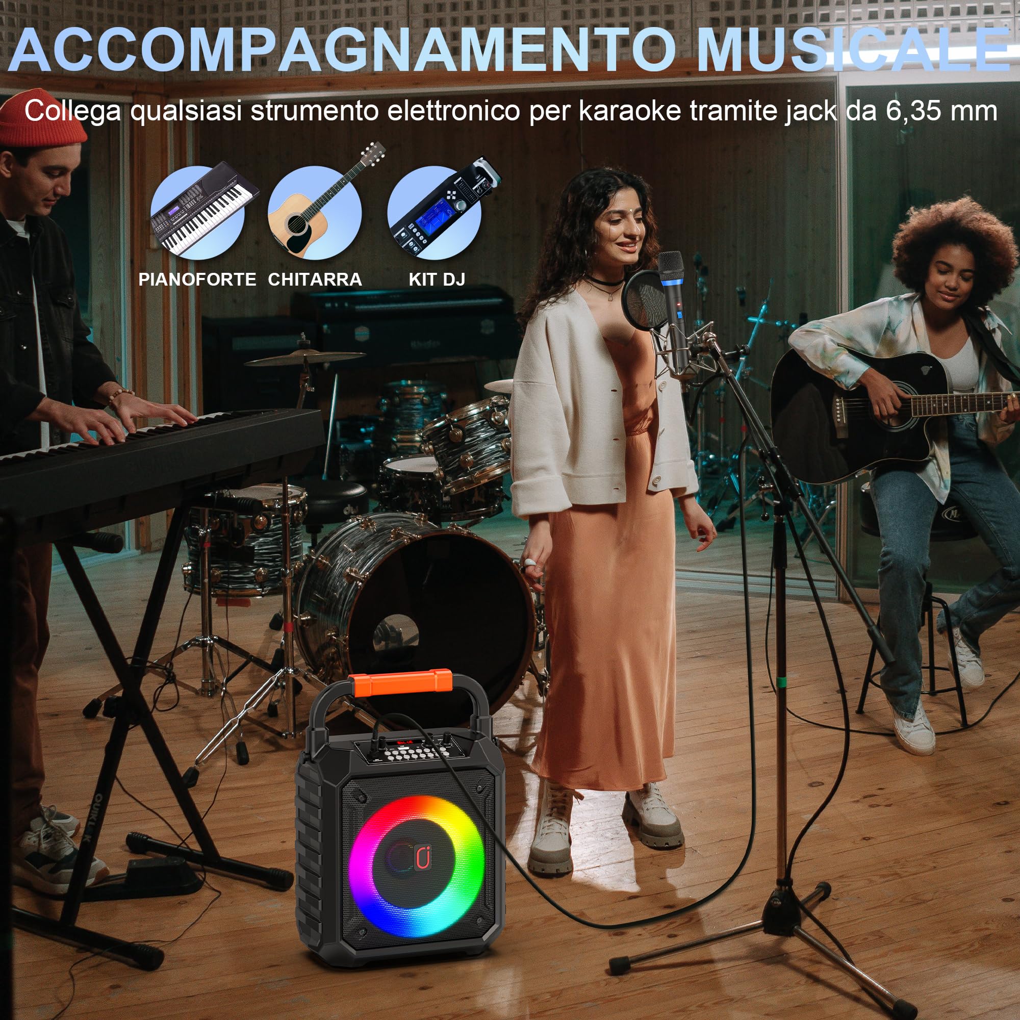 JYX Karaoke con 2 Microfonoper Adulti, Subwoofer da 6,5", 80W Cassa Bluetooth 5.3 Portatile Altoparlante con Luci LED, Autonomia 24-72 Ore, Sistema PA Supporta Scheda TF/USB/AUX-In/REC