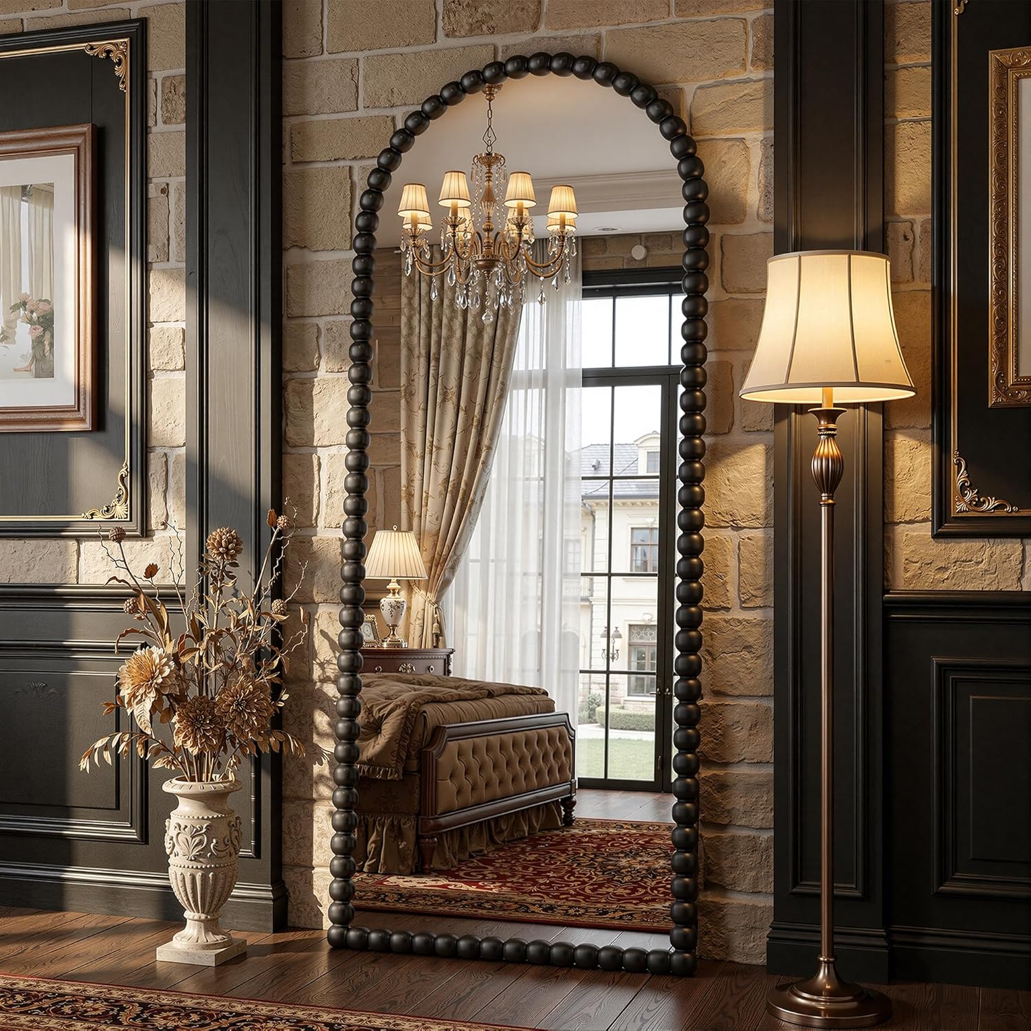 Antok 71" x 28" Arched Full Length Mirror, Antique Beaded Frame Floor Standing or Wall Mounted Mirror with Stand for Bedroom, Entryway, Black, Luxury Style