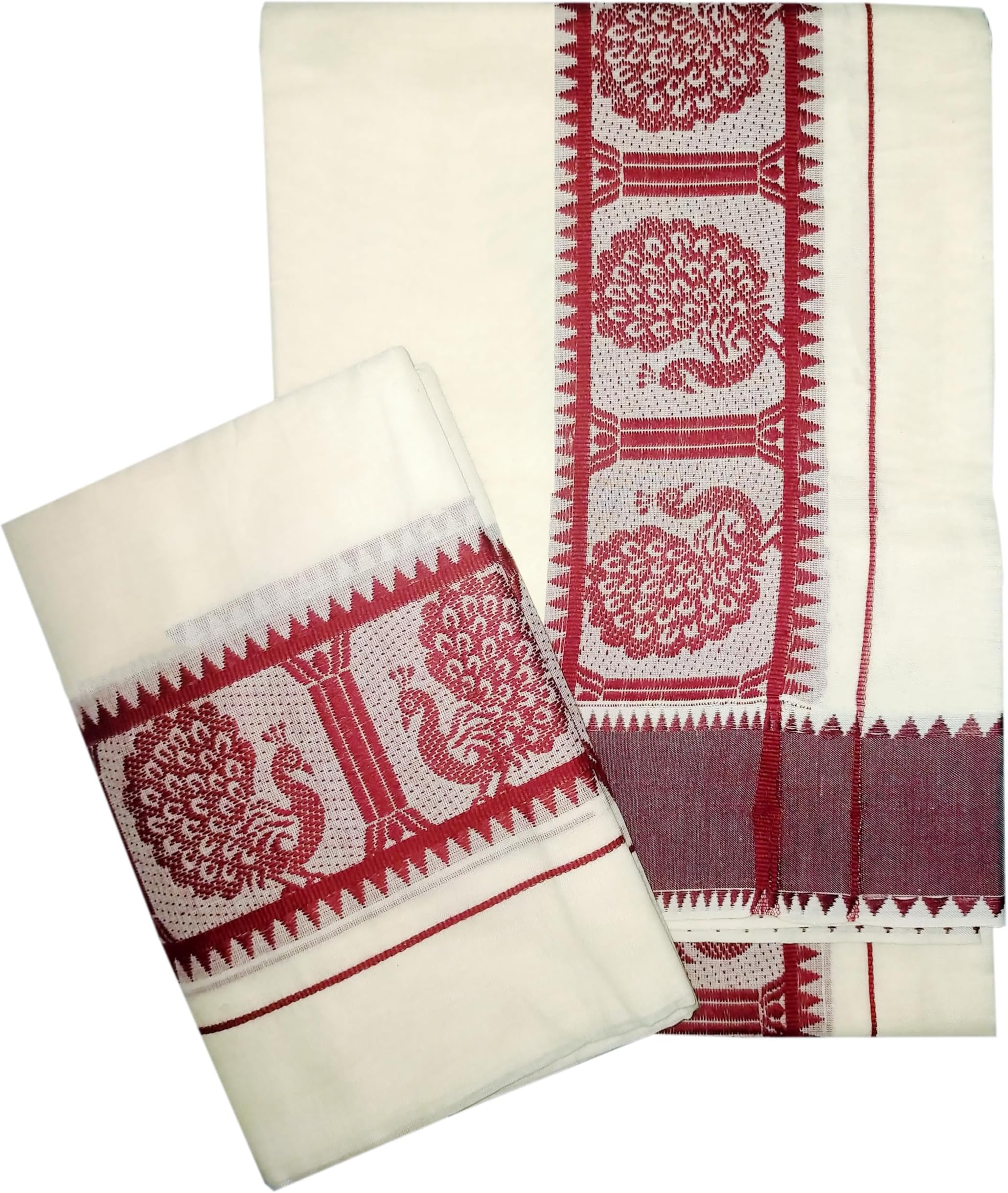 Women's Kerala Traditional Cotton Set Mundu with Self Jacquard Work 2.80&2.00 Mtr