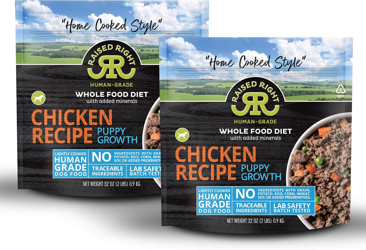 Raised Right Chicken Human-Grade Frozen Puppy Food, Low Carb “Home Cooked Style” Whole Food Diet - 2 lb. Bag, 2 Count