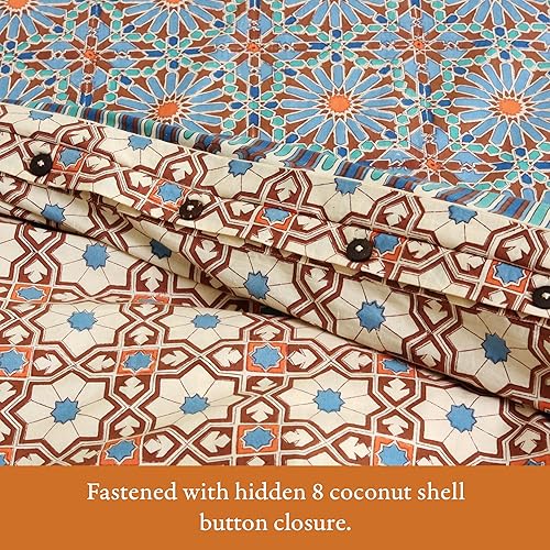 Miniatura 5 de Saffron Marigold Funda de edredón geométrica azul tamaño Queen, 100% algodón, reversible, estampado a mano, funda de cama decorativa para decoración