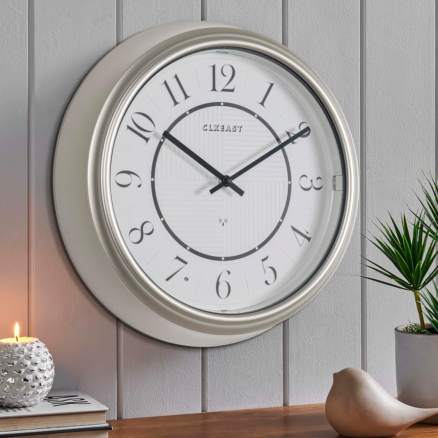 CLXEAST 14 Inch Self-Illuminated in/Outdoor Atomic Wall Clock for Home Office, Night Light Wall Clocks for Living Room Decor,Modern Farmhouse Morning Silver/Gold Finish