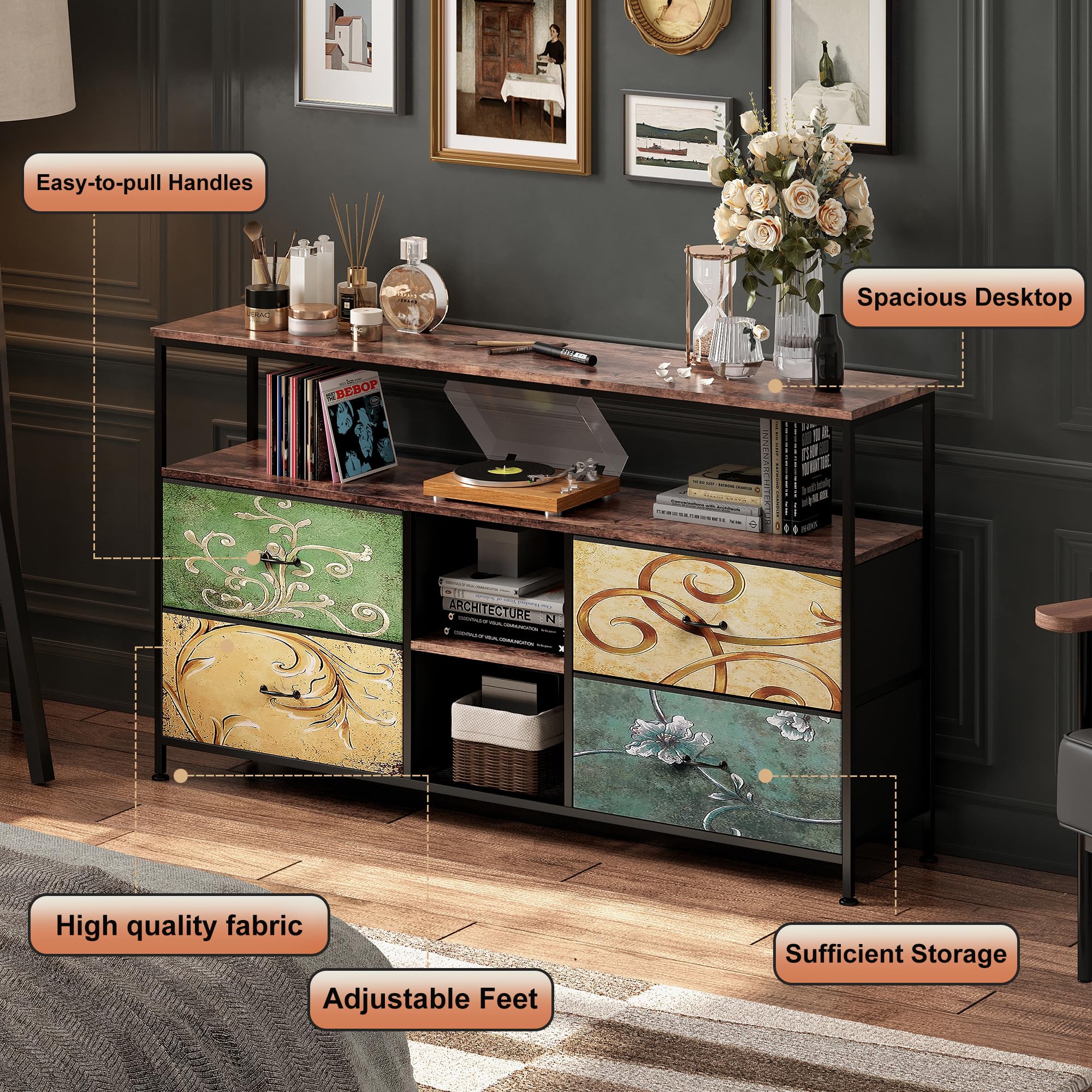 Mueble TVs de 108 cm con Luces LED,108 x 29,8 x 76,8 cm Mueble de TV Industrial con 4 Cajones,Muebles de Dormitorio,Armario de TV con LED para Dormitorio, Comedor, Salón