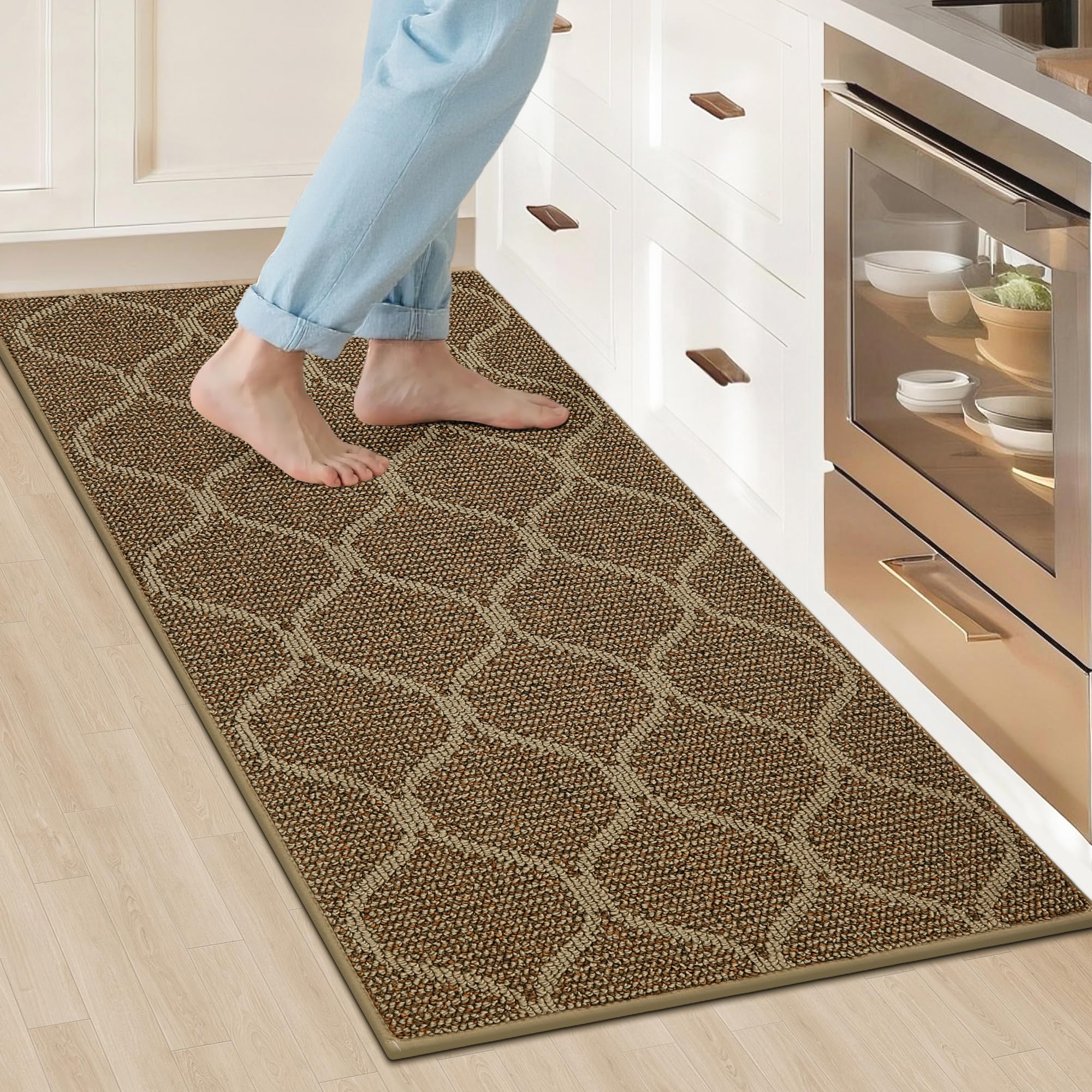 COSY HOMEER Kitchen Runner Mat 60x120 cm, Roll Packaging TPR Full Covered Non Slip Backed Floor Rug, 100% Polypropylene Absorbent Floor Mats for in Front of Sink, Laundry Room, Hallway, Khaki