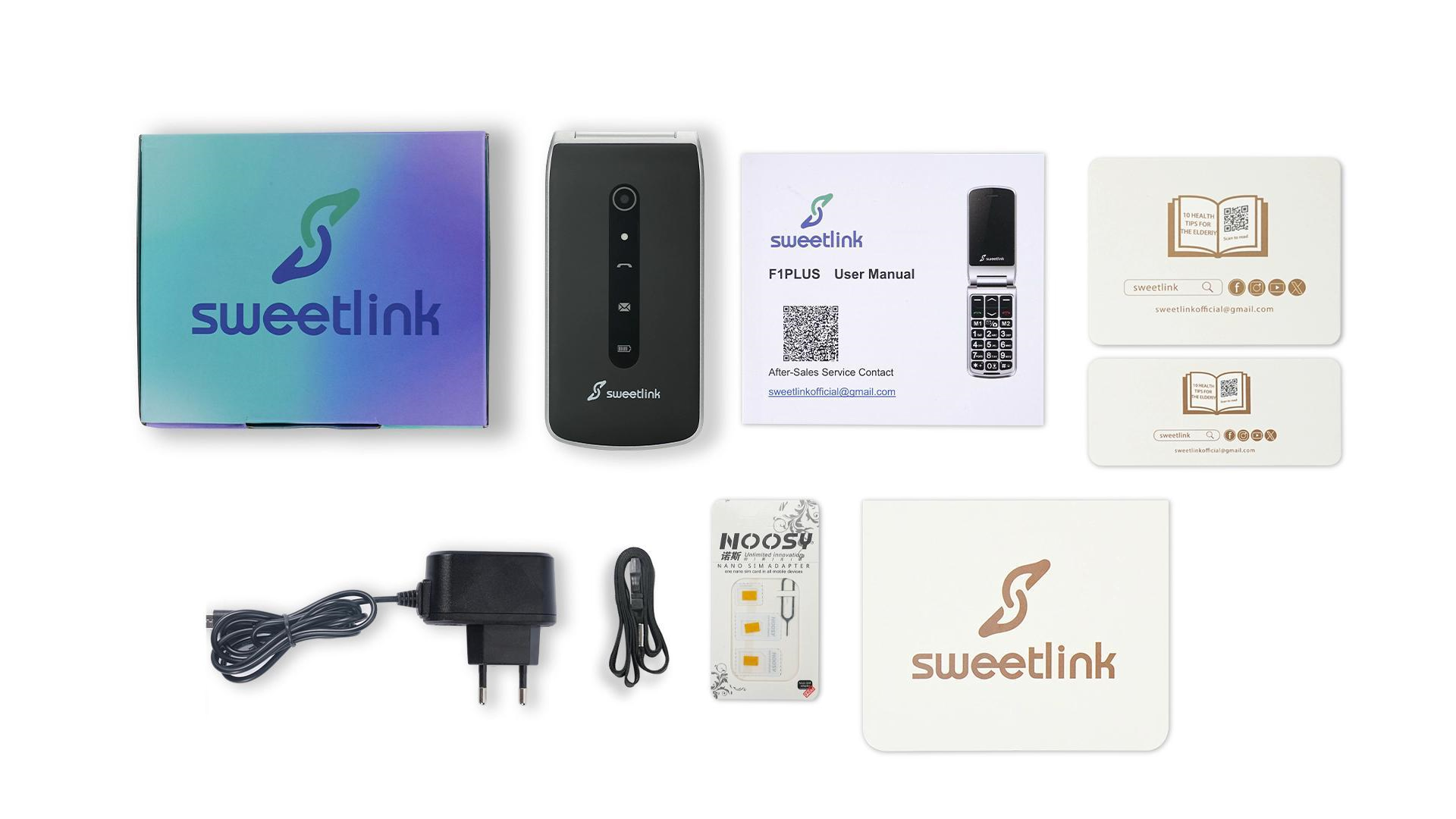 SweetLink F1 Plus Teléfono Móvil Para Mayores – 2G GSM Con Tapa, Teclas Grandes 13x9mm, Pantalla 2.4'', Botón SOS, Contactos Con Imagen, Batería 1000mAh Con Base De Carga, Doble SIM Y Radio FM