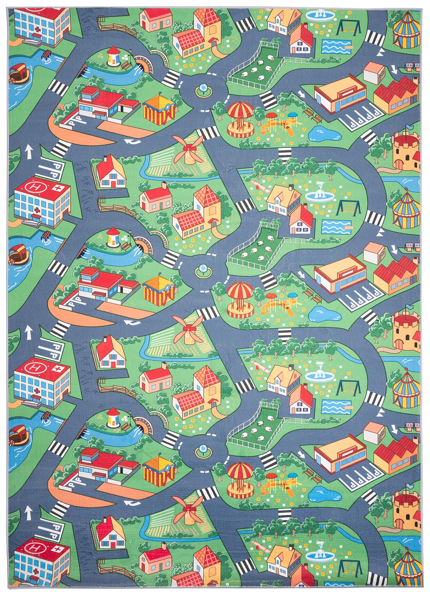 TAPISO Flannel Tapis Chambre Enfant Bébé Fille Garçon Antidérapant Lavable Vert Gris Bleu Rouge Tapis de Jeux Voiture Circuit Route Ville Poils Ras Oeko-TEX Résistant 120 x 170 cm