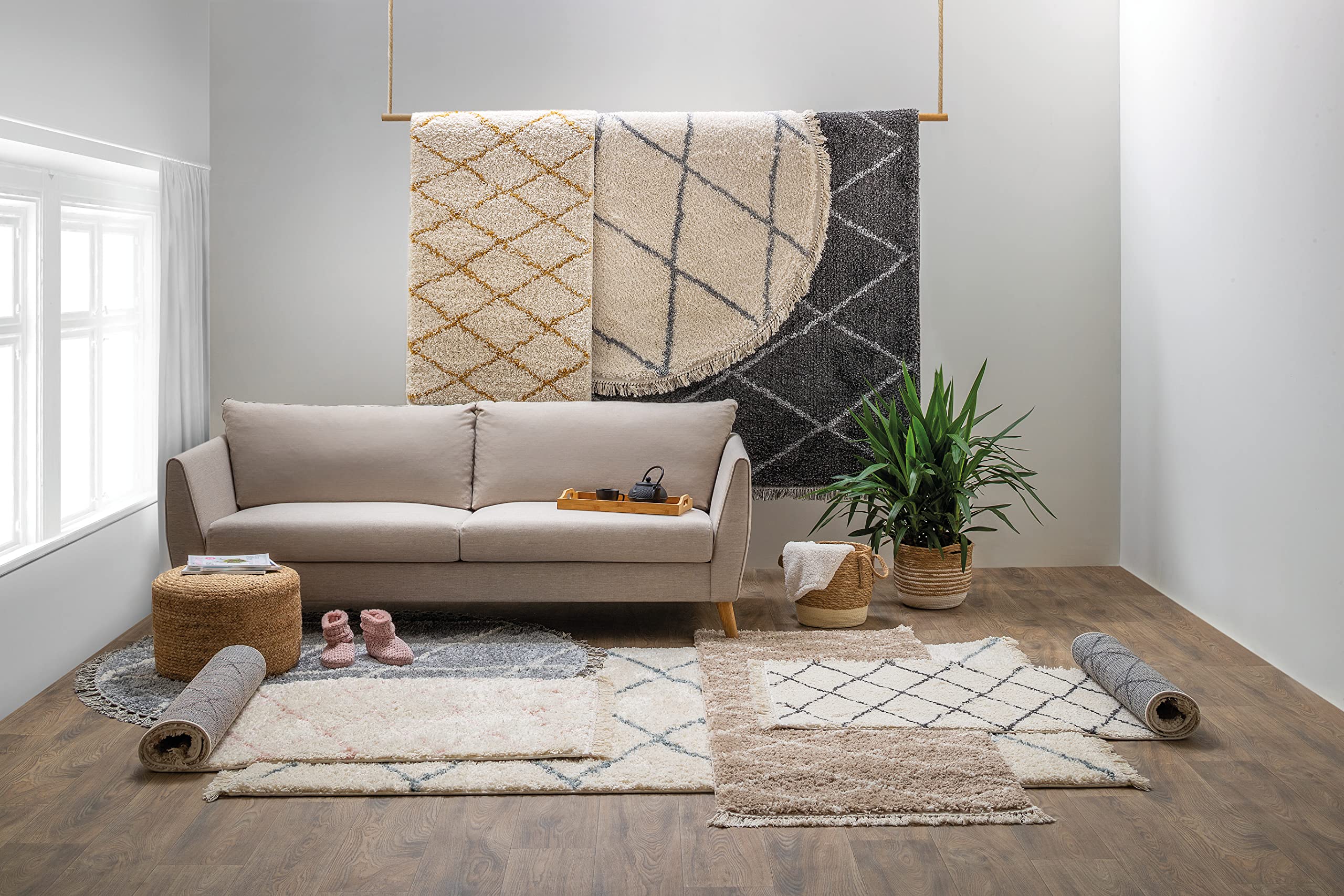 TESSO LIVING Shaggy Tapis Couloir 80 x 300 Beige Dessin Diamant, Tapis Poils Longs Extra Doux
