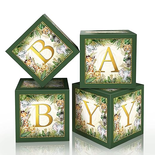 Jungle Safari Baby Boxes with Letters for Baby Shower Decorations Boy Girl Jungle Animal Theme Decor Balloon Blocks for Jungle Safari Baby Shower Gender Reveal Birthday Party Supplies