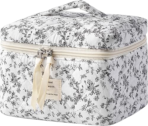 HBselect Bolsa de Maquillaje Acolchada, Bolsa de Maquillaje Grande de Algodón para Viaje, Lindas Bolsas de Maquillaje con Flores Coquette, Bolsas de