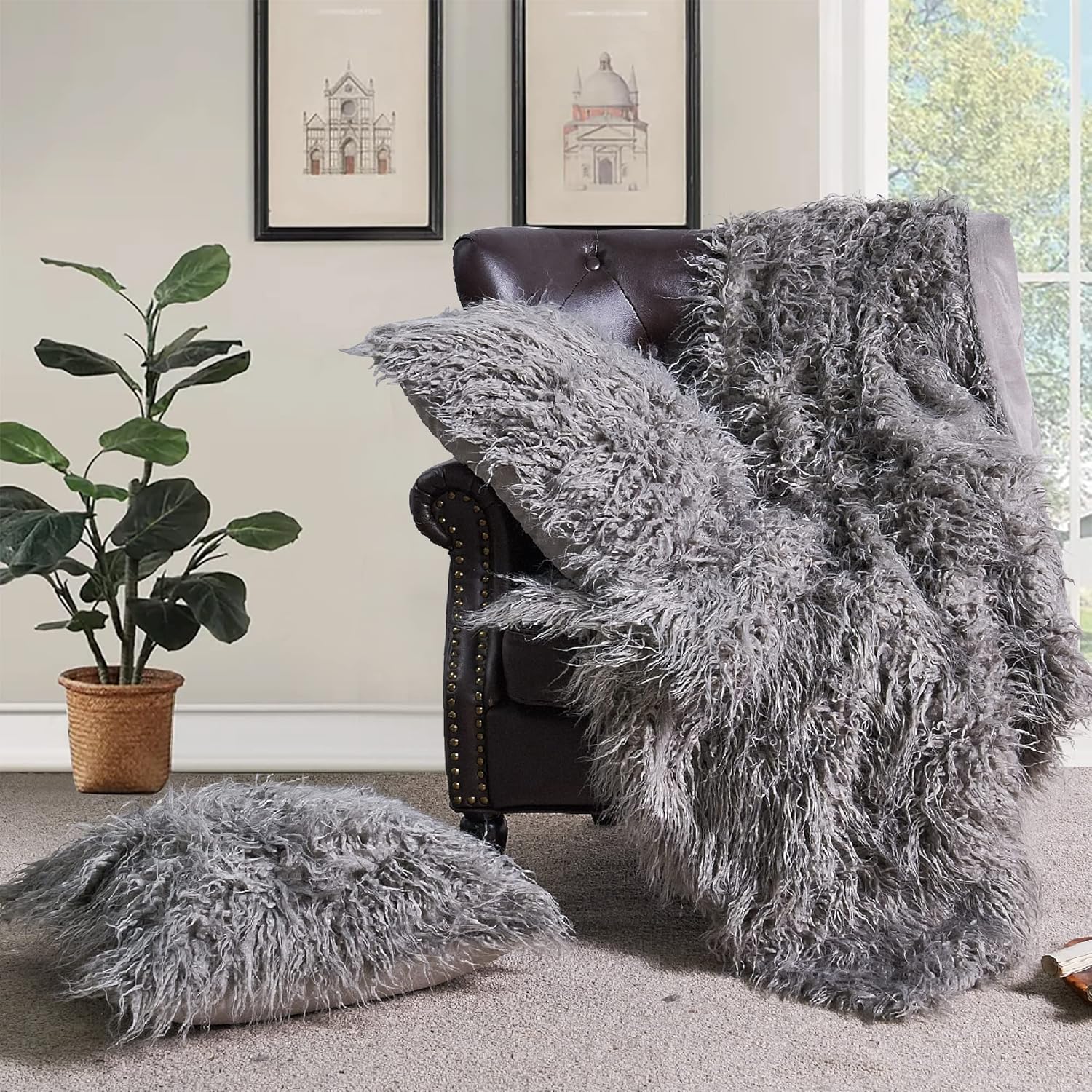 Mongolian Long Hair Faux Fur 50" x 60" Plush Throw Blankets with Two 20" x 20" Pillow Covers (NO Inserts) 3 Piece Set, Soft Luxury Furry Shaggy Throw with Micromink Back for Couch Bed, Gray