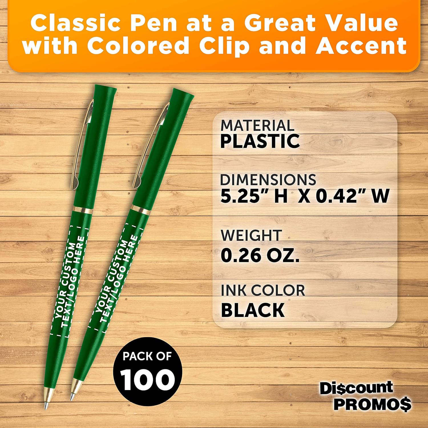 DISCOUNT PROMOS Personalized Alston Hotel Pens - 100 pack - Plastic Pens - Customizable Text, Logo - Green
