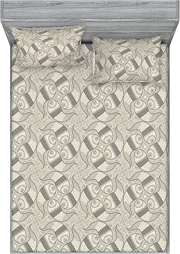 Ambesonne Boho Fitted Sheet & Pillow Sham Set, Lace Inspire Pattern Geometric Swirls Design Bohemian Style Artwork Vintage Art, Decorative Printed 3