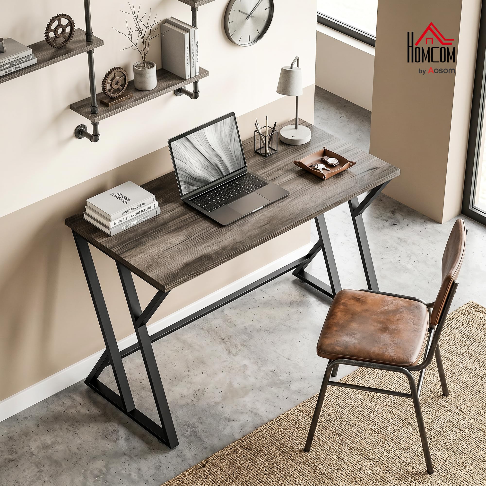 HOMCOM Scrivania per computer con base metallica a Z 120x60cm grigia | Scrivania da ufficio, aspetto legno, design industriale, per ufficio, studio, camera da letto, spazi piccoli