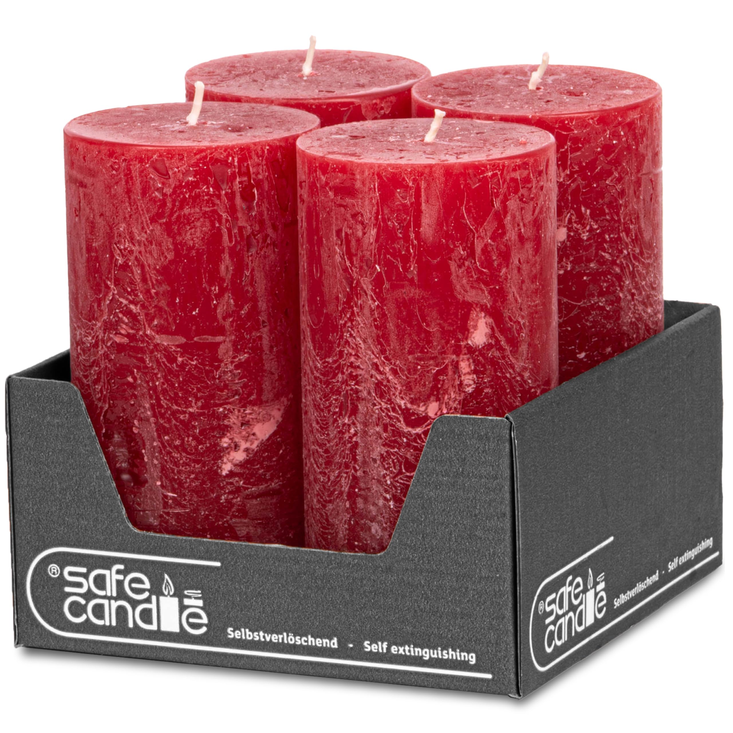 Candele a pilastro, rustiche, set da 4 pezzi, 140 x 70 mm, autoestinguenti, con certificazione RAL, durata circa 69 ore, prodotte in Germania, candele decorative rustiche (rosso)
