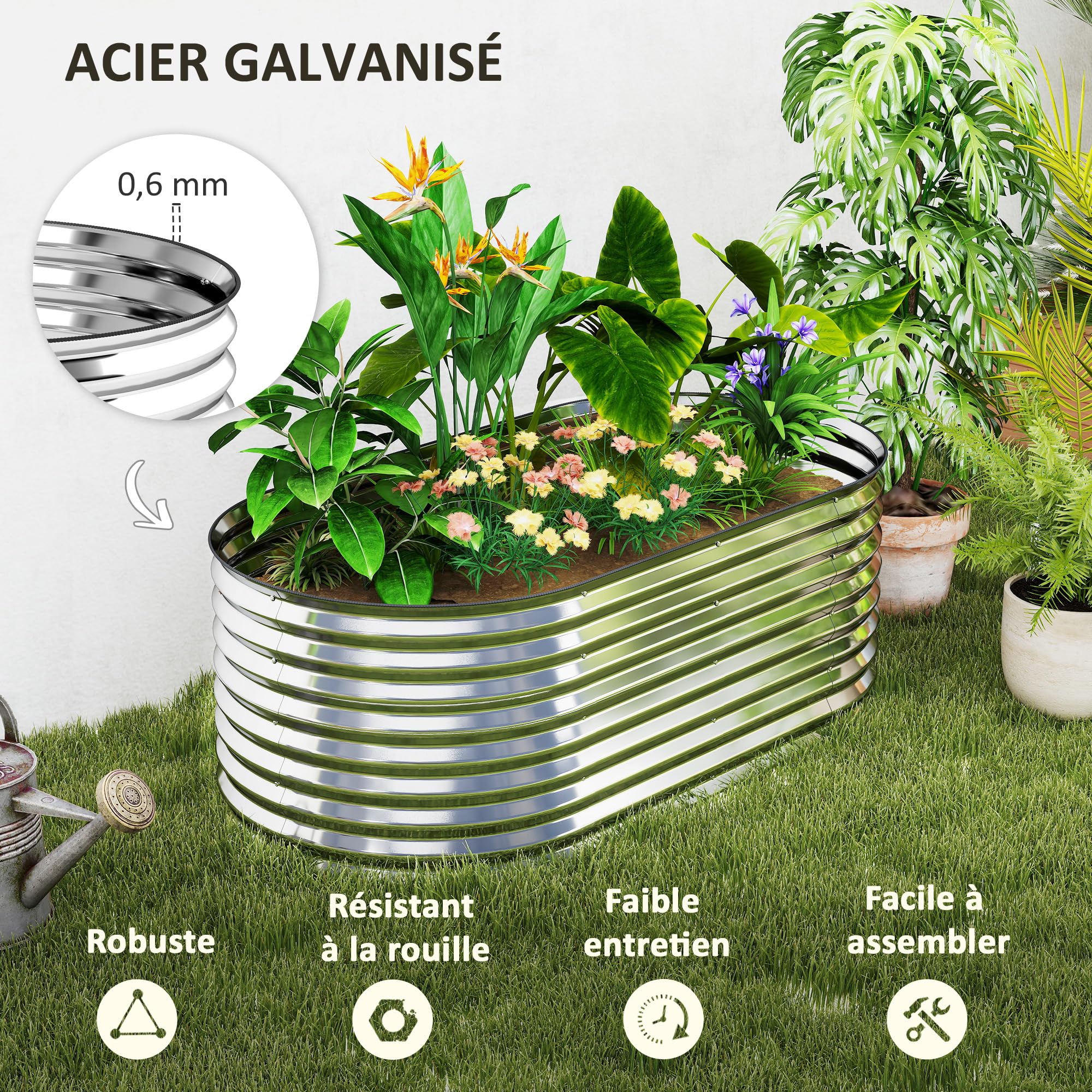 Outsunny Carré Potager de Jardin Potager surélevé, bac Potager en Acier galvanisé, jardinière Exterieur modulaire résistant à la Rouille 160x80x56cm, pour légumes, Fleurs et Herbes Jardin, Argent