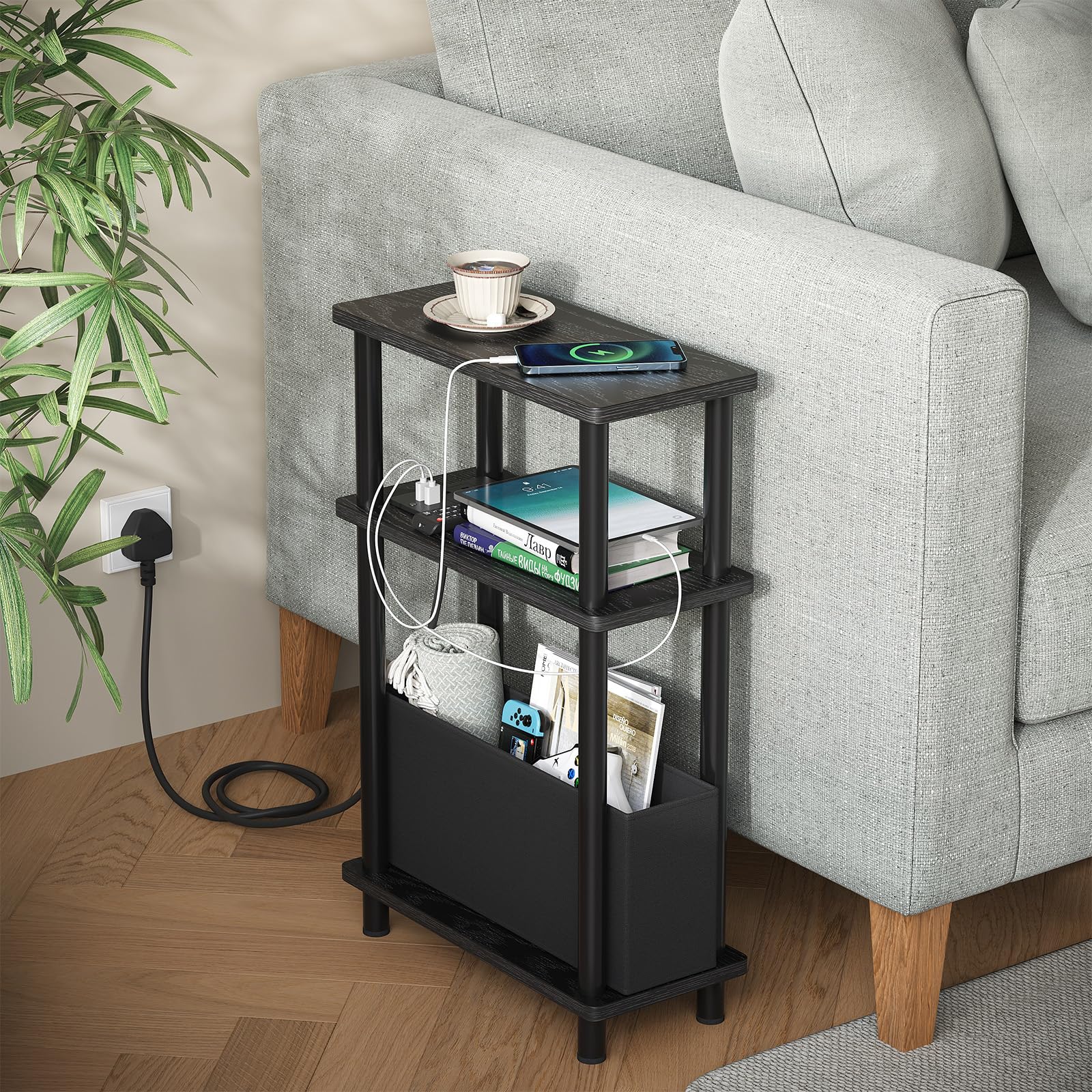 APICIZON Narrow Side Table, 3 Tier Bed Side Table, Slim End Table with Charging Station, for Living Room Bedroom - Image 2