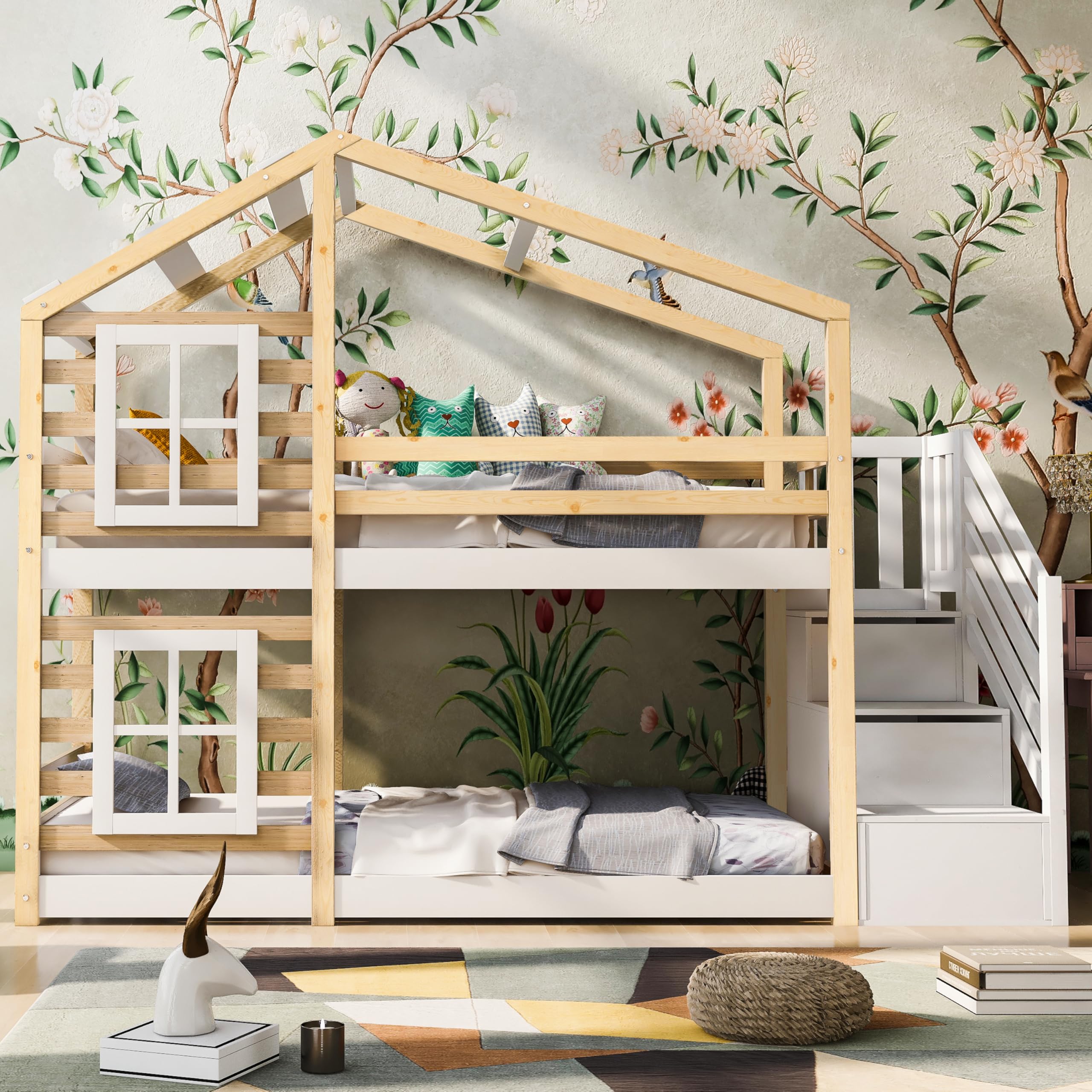 Rtopsu Letto per Bambini a Castello 90x200 cm, Letto per Ragazzi con Scaletta e Contenitore Cassetti, Letti a Soppalco con Sponde e Finestra, Letti con Rete a Doghe, Naturale e Bianco, Senza Materasso