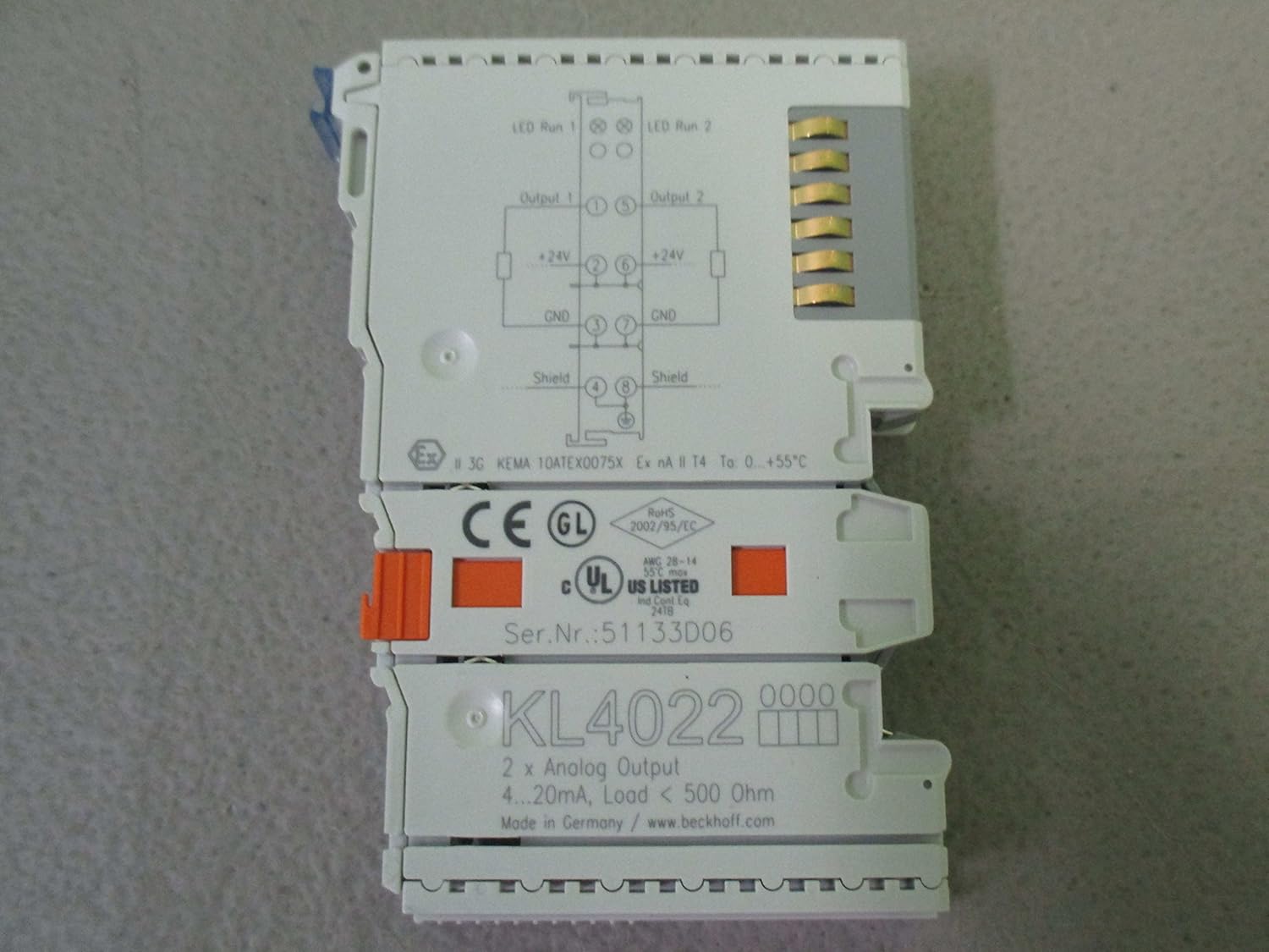 Beckhoff KL4022 Analog Output Module with detailed wiring diagram
