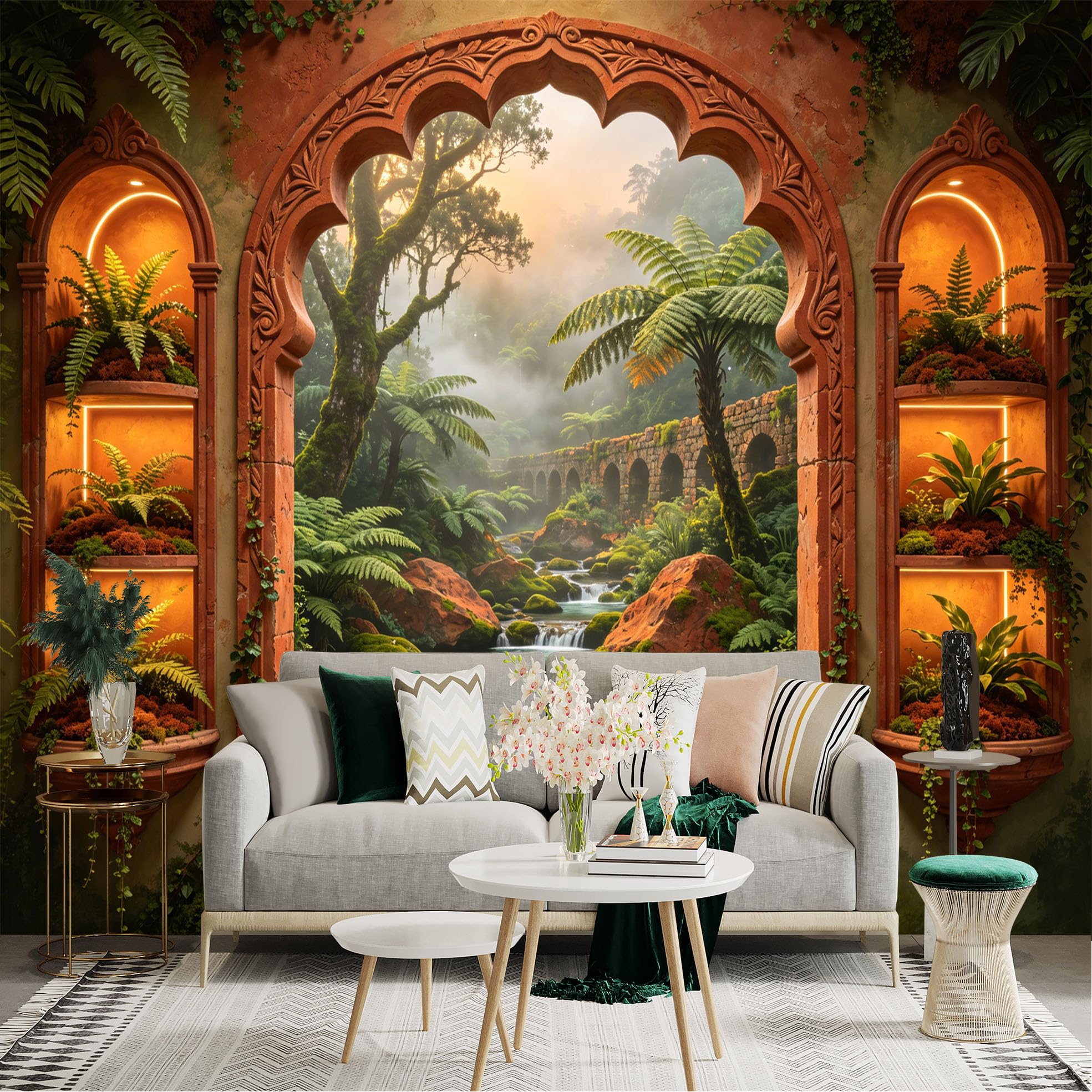 Lnzczhyre Dbh260521635 Custom Size Wall Sticker Mural， Enchanted Tropical Forest Window， Lush Ferns And Mossy River， Stone Bridge View， Mediterranean Archway， For Wall Decoration， Peelandstick Wall Decals.