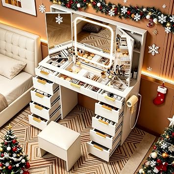 Pamapic 11 Drawers Vanity Desk with Foldable Mirror, Glass Top Makeup Vanity with LED Lights, 3 Lighting Modes, Golden Handles Dressing Table with Chair and Power Outlet