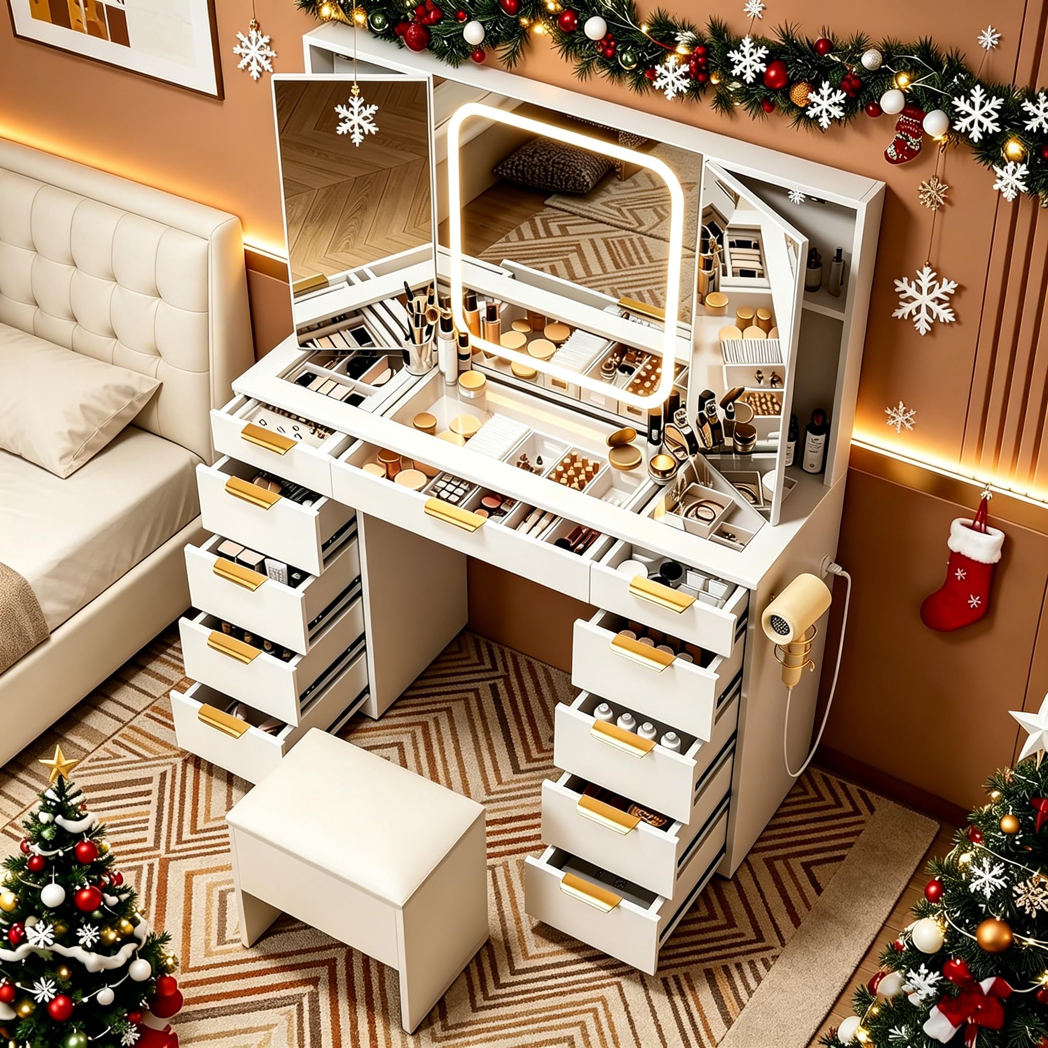 Photo 1 of Pamapic 11 Drawers Vanity Desk with Foldable Mirror, Glass Top Makeup Vanity with LED Lights, 3 Lighting Modes, Golden Handles Dressing Table with Chair and Power Outlet