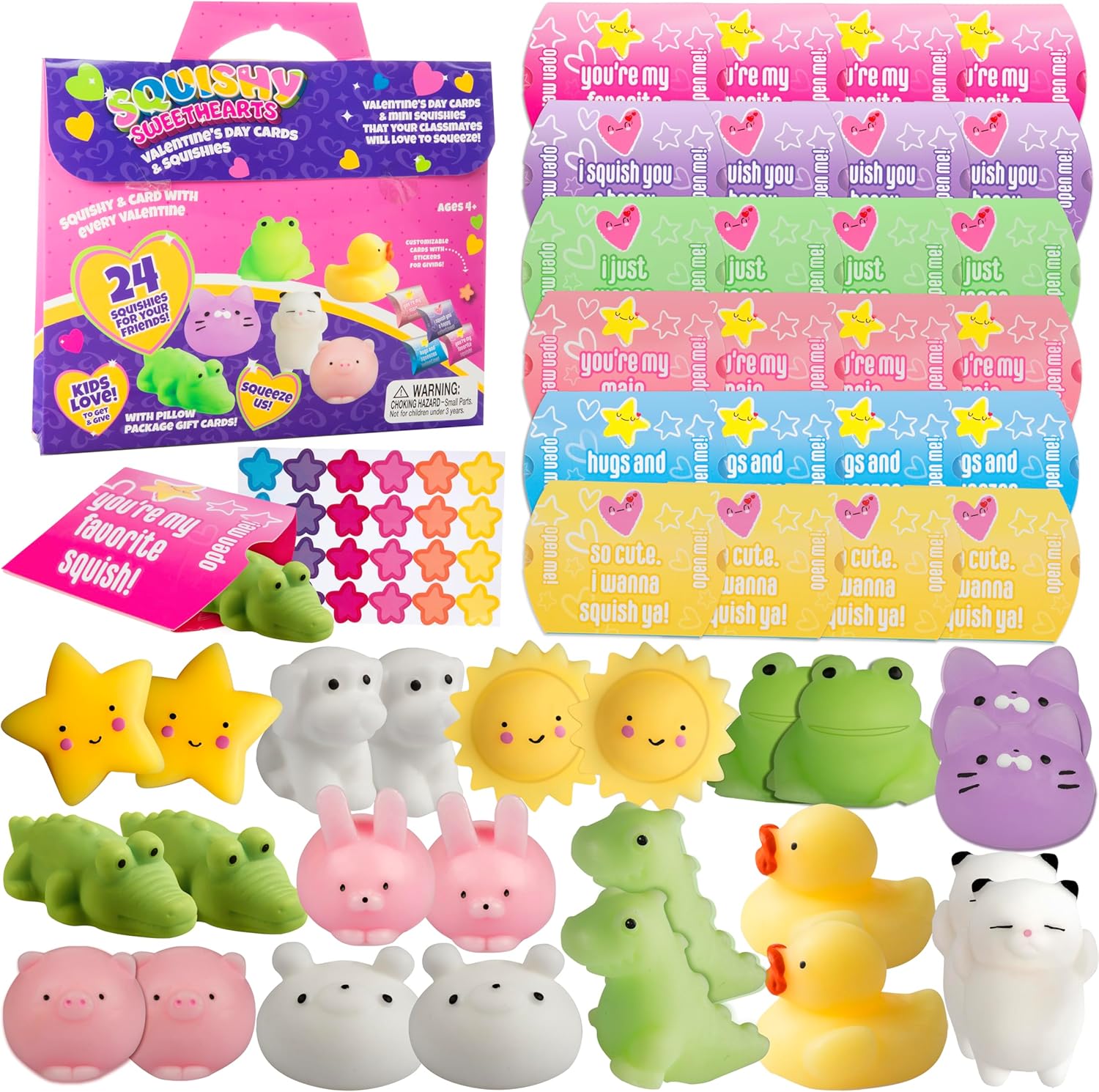 Valentines Day Gifts for Kids, Mochi Squishy Toys, 24 Pack - Valentine's Cards for Kids Classroom Exchange Prizes - Kawaii Stress Relief Fidget Toy Animals - Valentine Party Favor for Whole Class