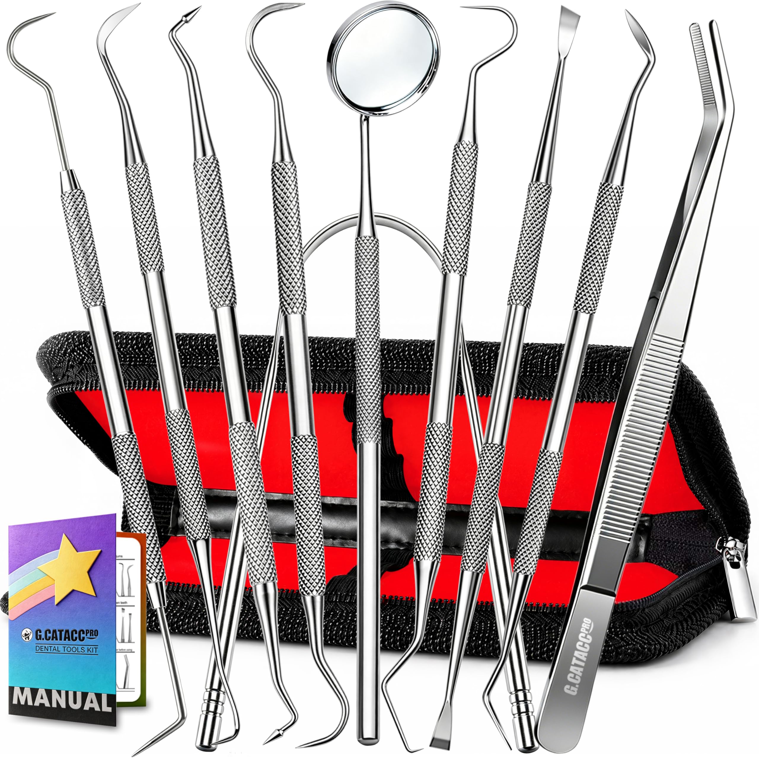 G.CATACC 10 Pack Dental Tools, Professional Plaque Remover for Teeth Cleaning Tools Set, Stainless Steel Hygiene Kit with Dental Pick Tooth Scraper