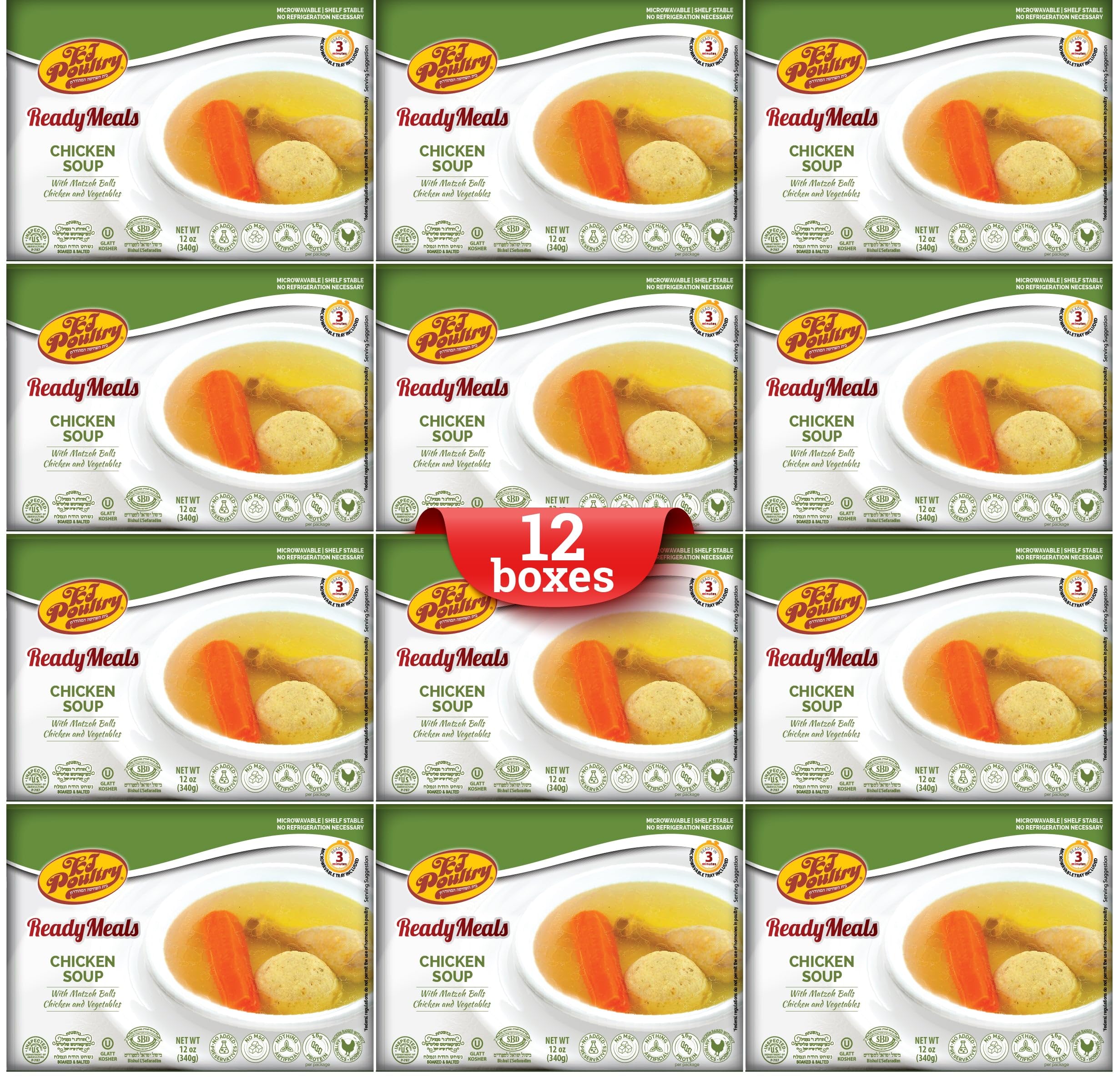 KJ Poultry Kosher Ready Meals - Matza Ball Chicken Soup & Vegetables, CHOMETZ NOT for PASSOVER, MRE Meat Meals Ready to Eat, Shabbos Food, Halal, (12 Pack) Cooked Entree, Shelf Stable Microwave Dinner