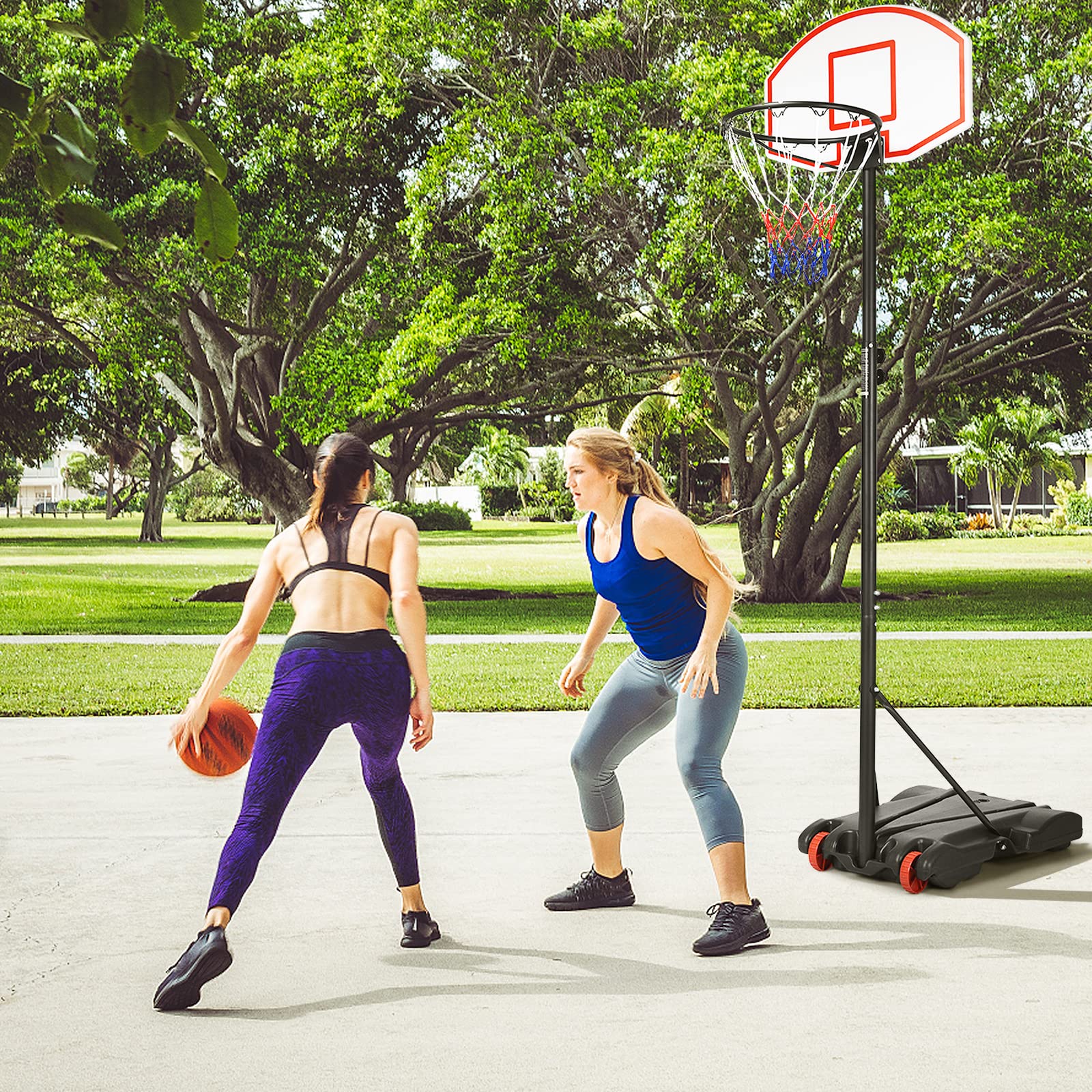 GYMAX Panier de Basket-Ball Extérieur pour Enfants, Hauteur Réglable 178-208cm, 2 Filets Inclus, Mobile avec Roues, Base Remplissable d'eau 25kg ou Sable 30kg