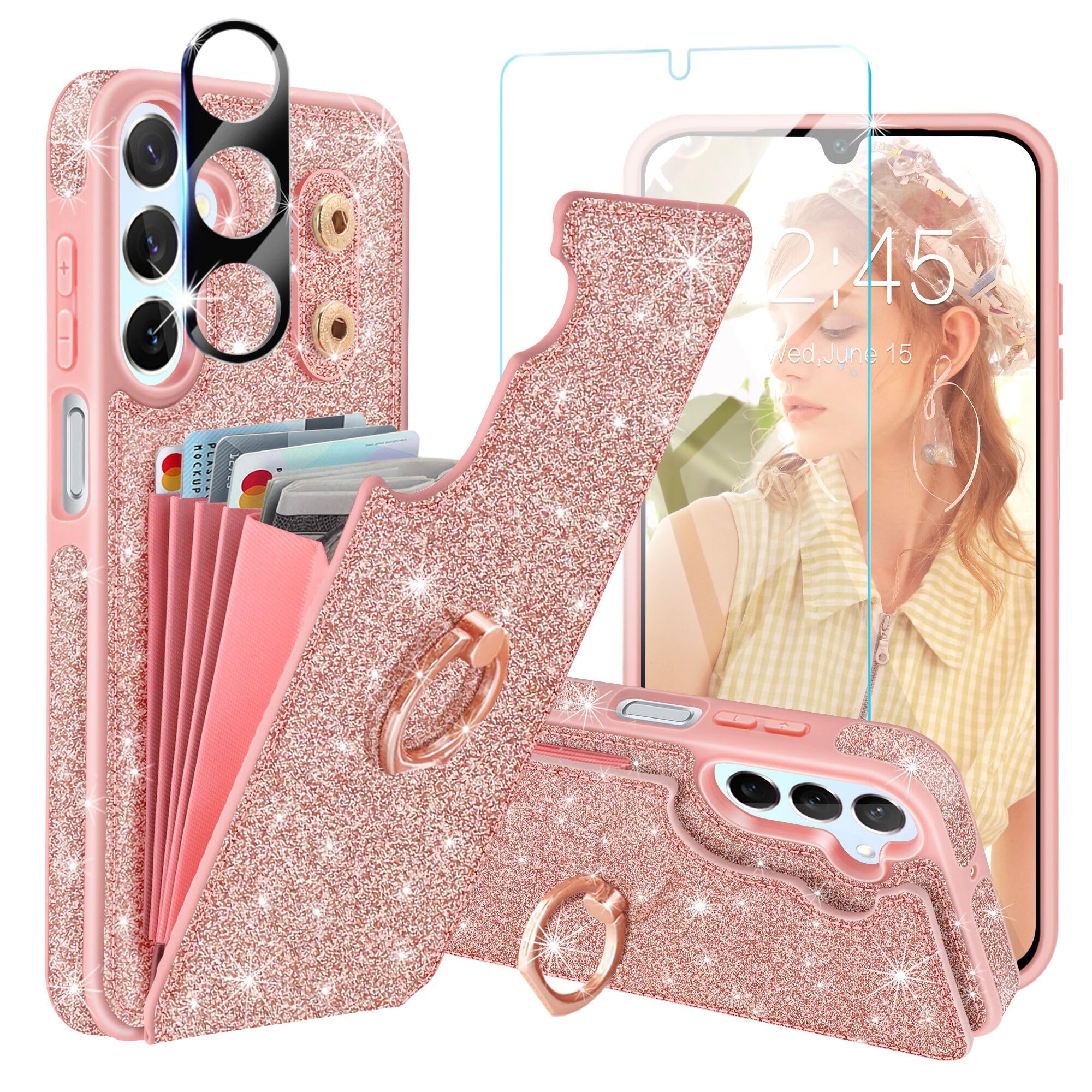 Casewind for Samsung Galaxy A15 5G Case Wallet with [Screen Protector + Camera Lens Protector] [RFID Blocking Card Holder & 360°Ring Stand] Bling Flip Shockproof Samsung A15 Phone Case Cover,Rose Gold