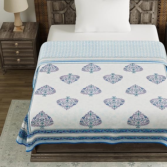 BLOCKS OF INDIA Hand Block Printed Cotton Summer Single Size Reversible Dohar for Summer (Blue Motif)