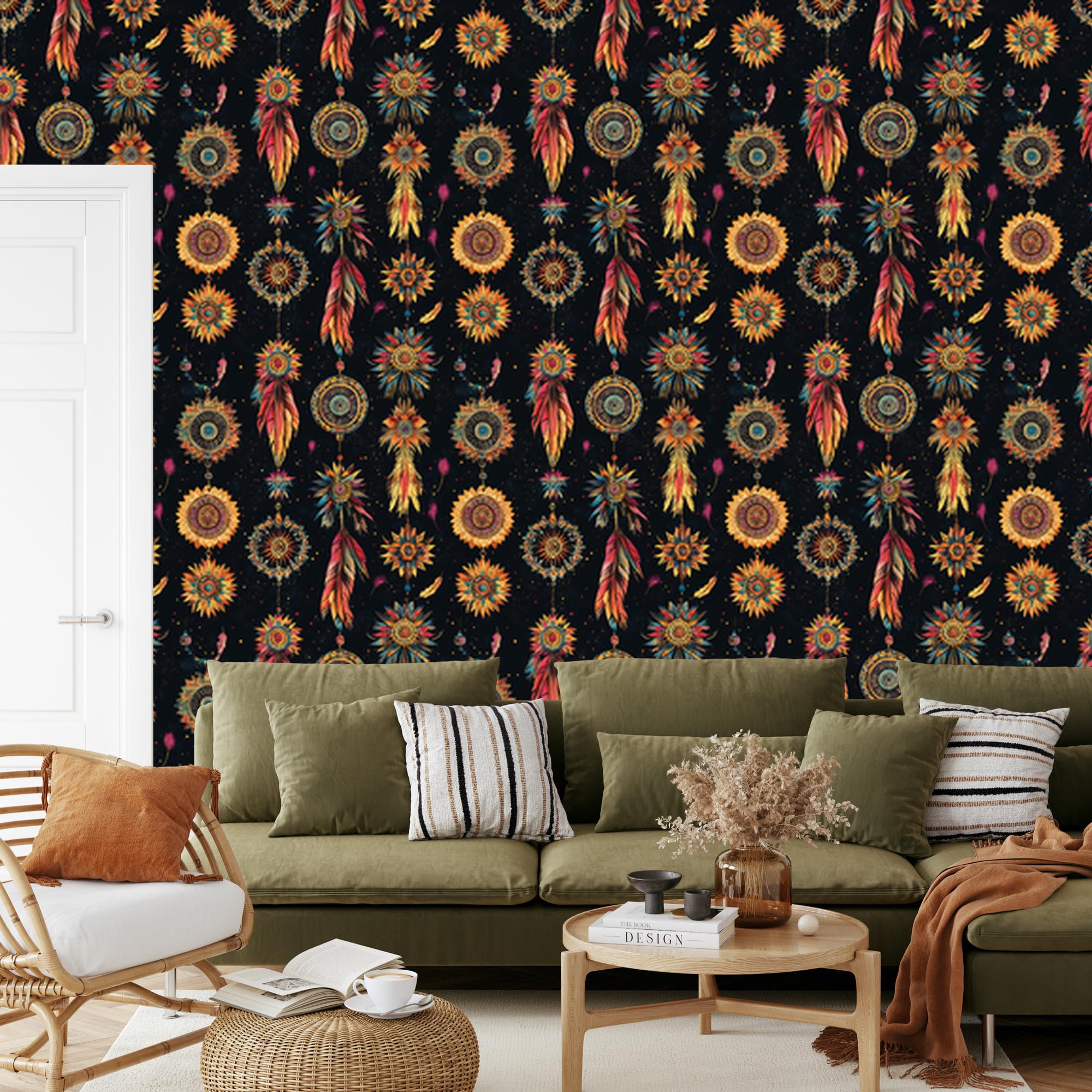 Vliestapete Boho – Schwarz und Ocker 50 x 1000 cm | Ausdrucksstarke Bildgestaltung; Charaktervoller Raumschmuck; Harmonische Akzentfläche; Kleister im Set