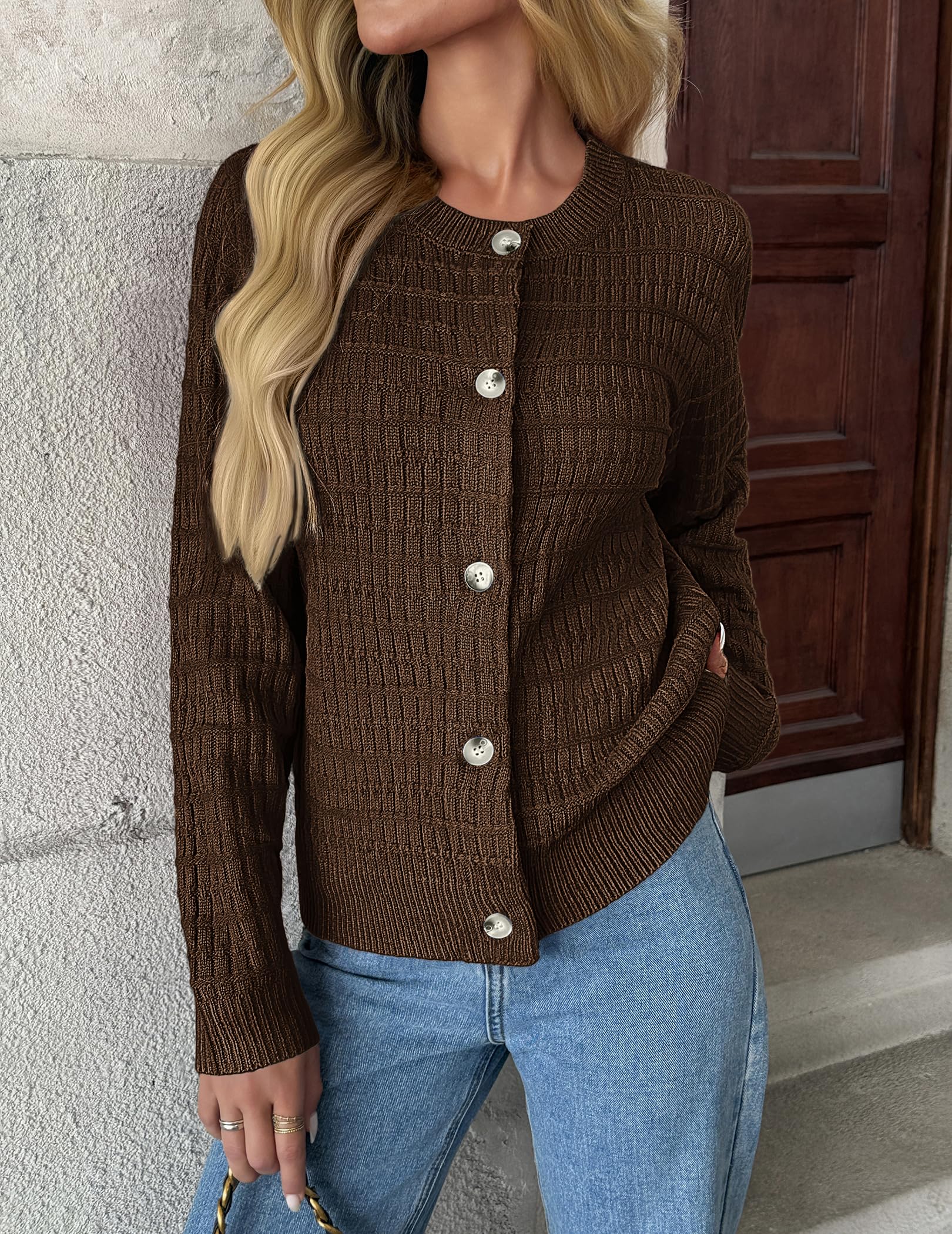 Zeagoo Cardigan 2025 boutonné à col rond ouvert sur le devant et manches longues en tricot pour femme