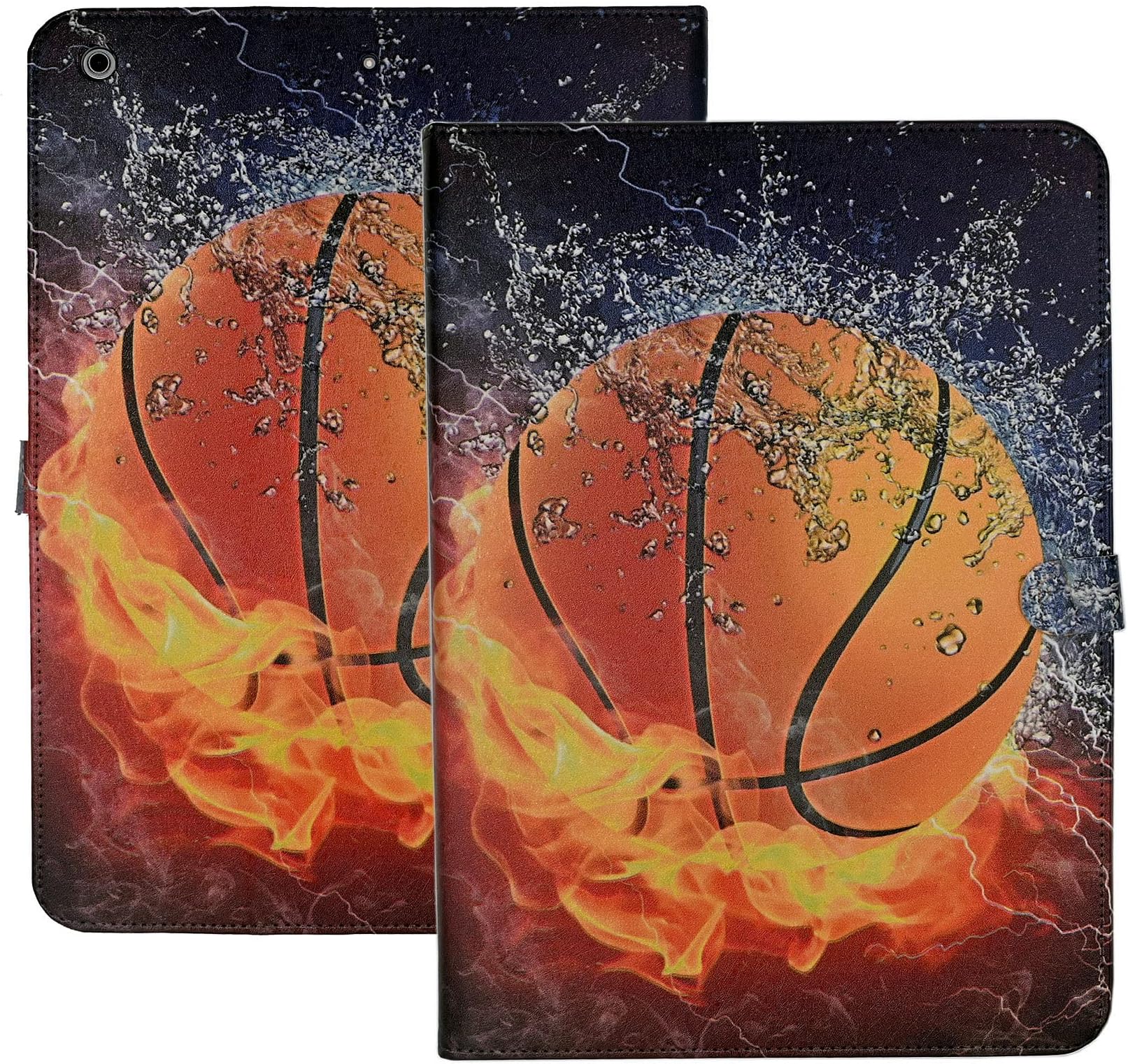 Case for iPad 10.2 inch (iPad 9th/ 8th/ 7th Generation 2021/2020/2019) Premium PU Leather Flip Multi-Angle Viewing Slim Stand Soft TPU Cover with Auto Wake/Sleep, Basketball on Fire Water