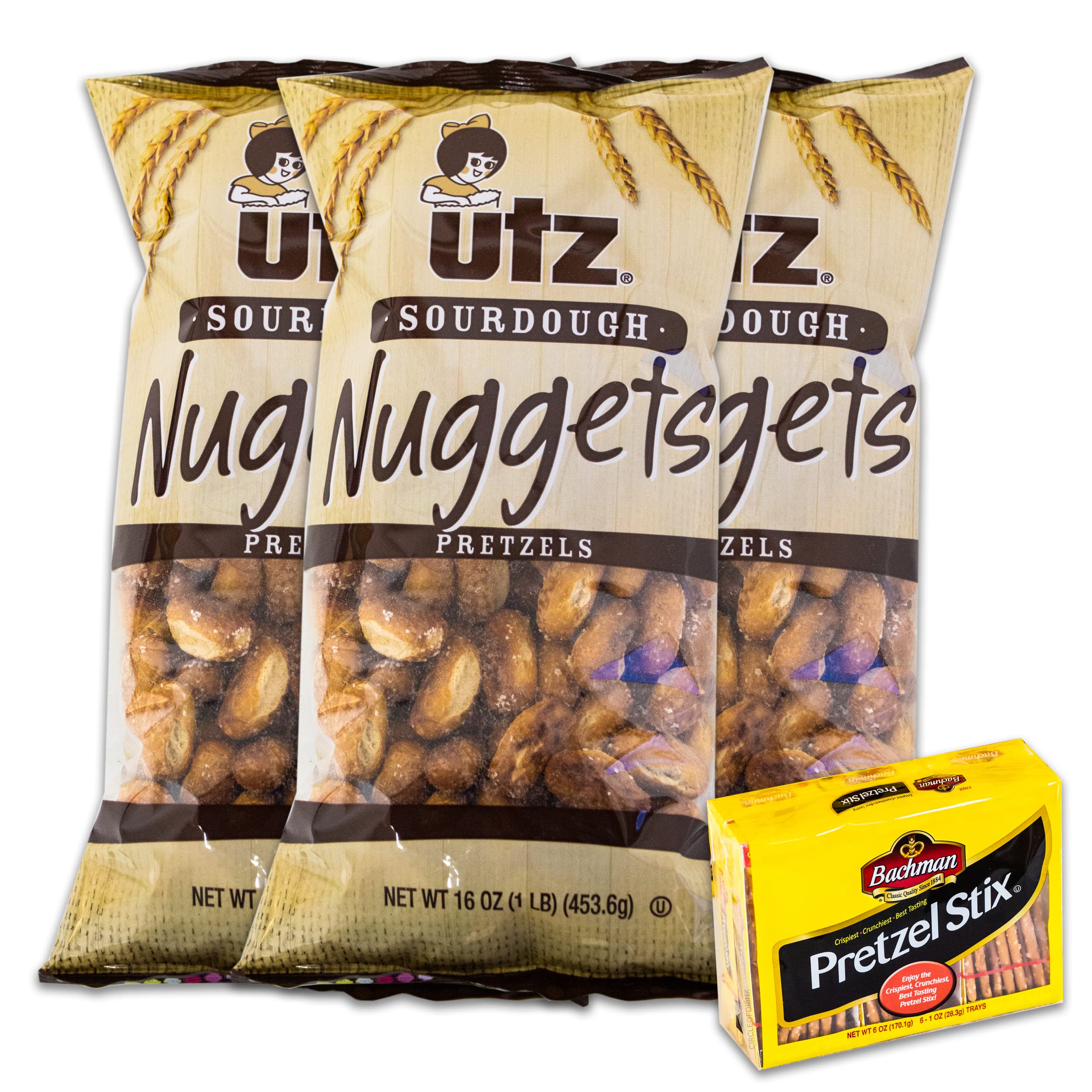 Utz Old Fashioned Sourdough Pretzel Nuggets (3, 16oz bags) – Variety Pack – Bachman Pretzel Stix (1, 6-1oz Pretzel Trays) – Crispiest, Crunchiest, Best Tasting Pretzel Nuggets – 4 Items Total