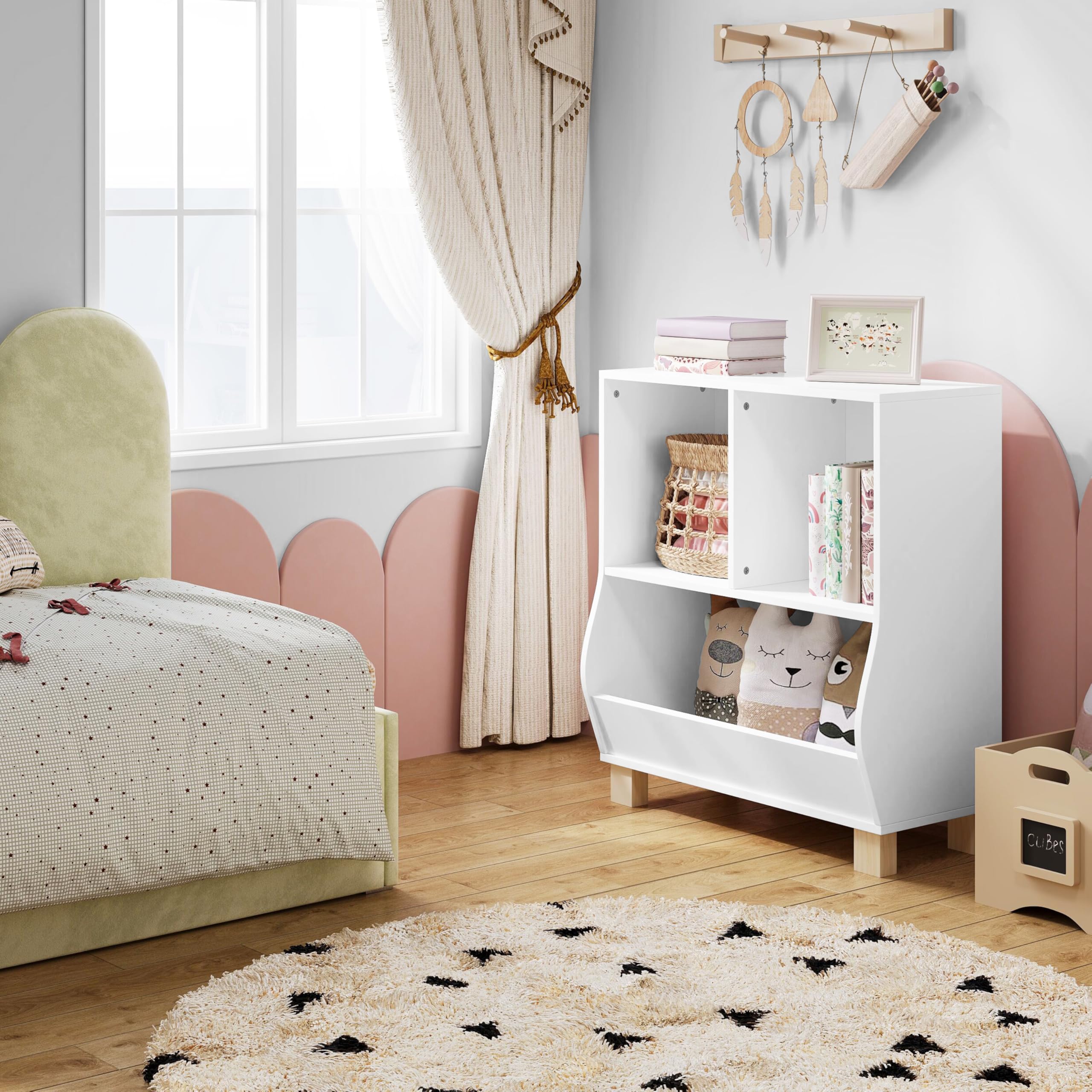 Lestarain Bücherregal Kinder, Regal weiß mit 3 Fächern, Montessori Kinderregal, Spielzeugregal mit Holzbeinen, Standregal für Bücher Spielzeug Kinderzimmer, 71,5x77x34,5 cm