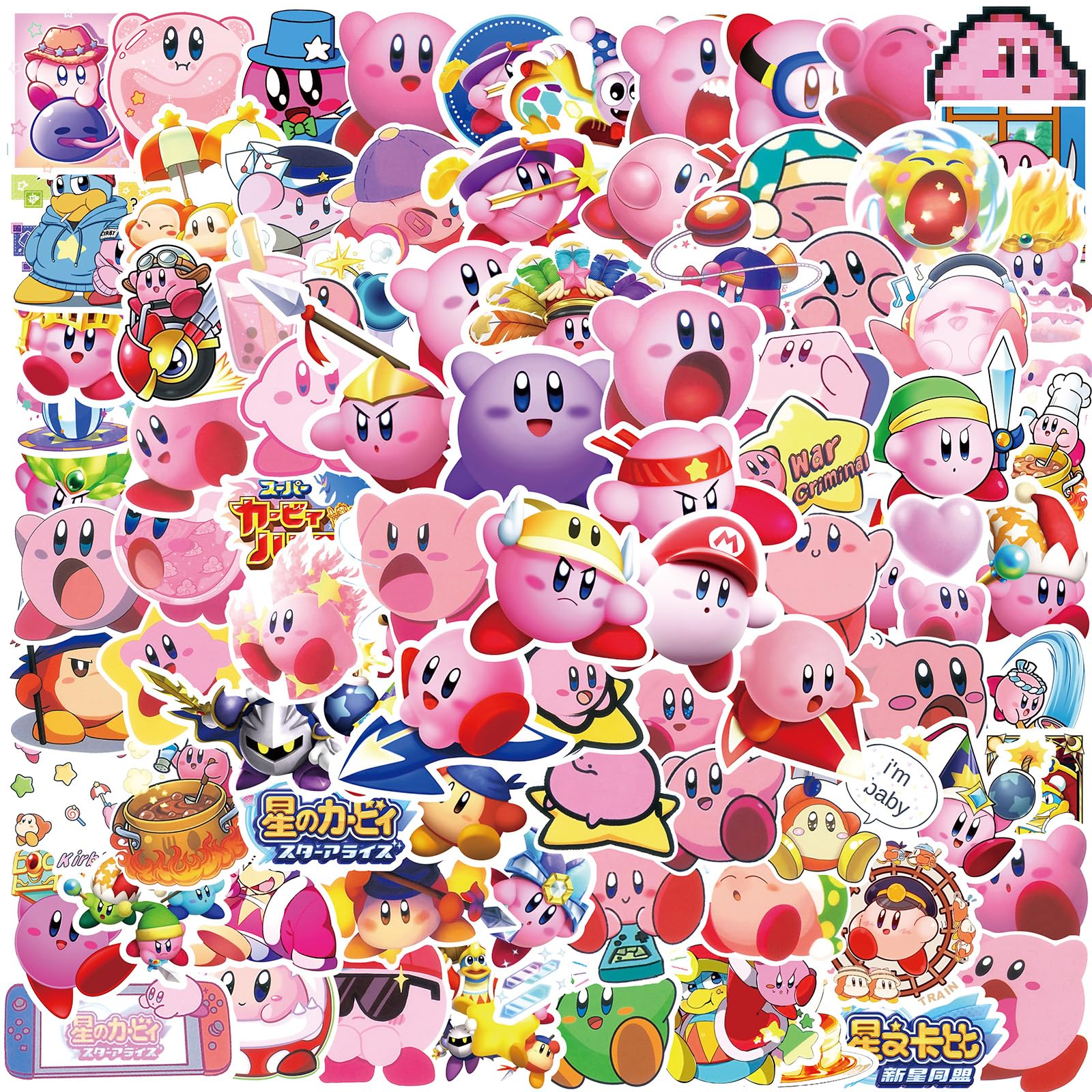 100PCS Cartoon Kirby Stickers for Kids,Vinyl Waterproof Decal for Water Bottle Laptop Toy Sticker for DIY Decorate Bumper Phone Hard Hat Kids Teens
