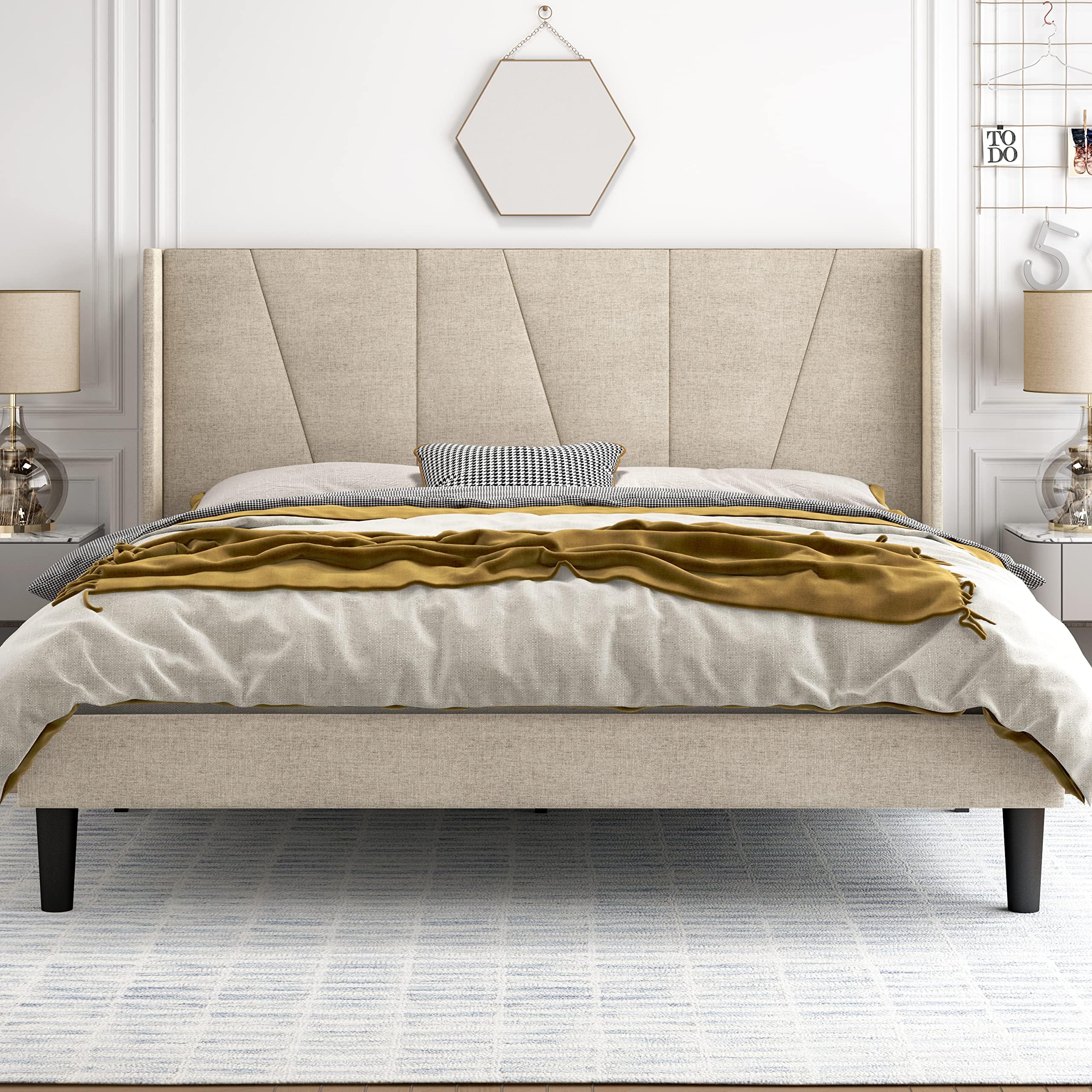 Hoomic King Size Upholstered Platform Bed Frame with Modern Geometric Wingback Headboard, Wooden Slats, No Box Spring Needed, Mattress Foundation, Light Beige