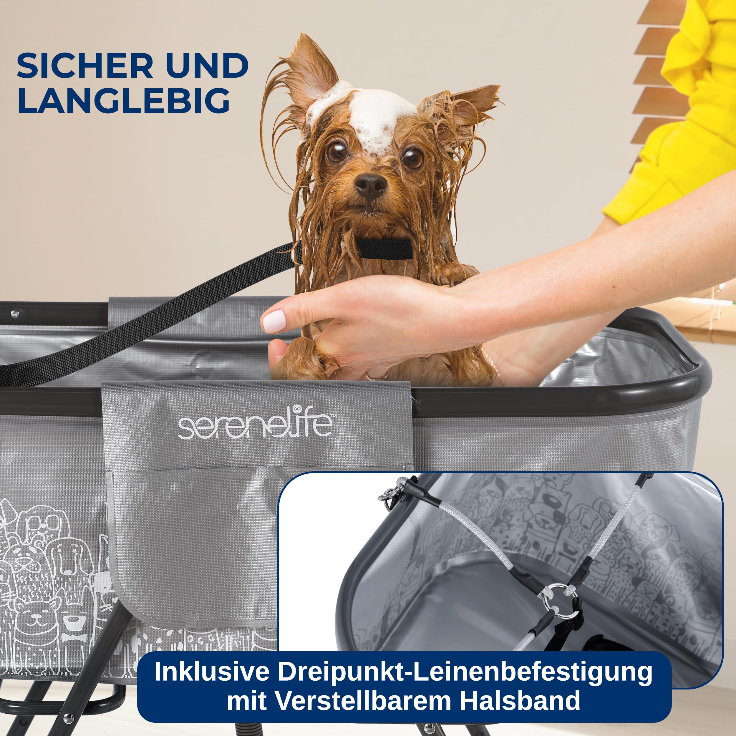 SereneLife Hundebadewanne, Faltbare & Erhöhte Haustierbadewanne mit Abfluss & 3-Punkt-Gurt, Für kleine bis Mittelgroße Hunde & Katzen, Bis 59 kg, für Pflege & Baden