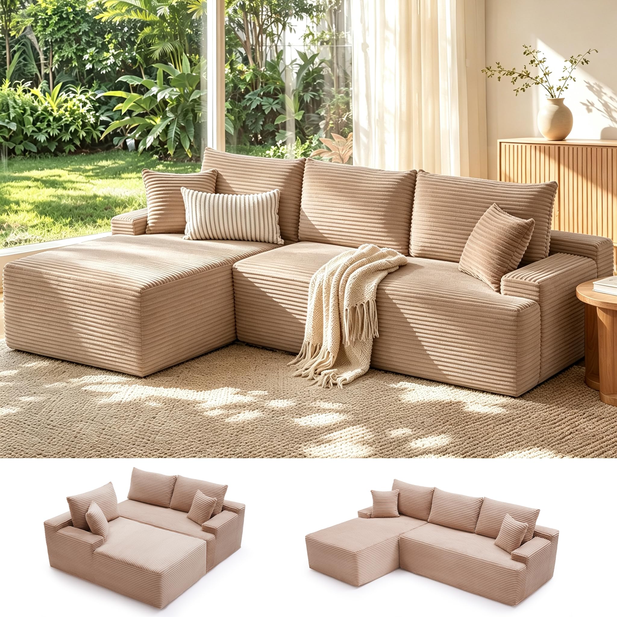 Mangodan Cloud Sectional Sofa, Boneless Couch for Living Room, Camel