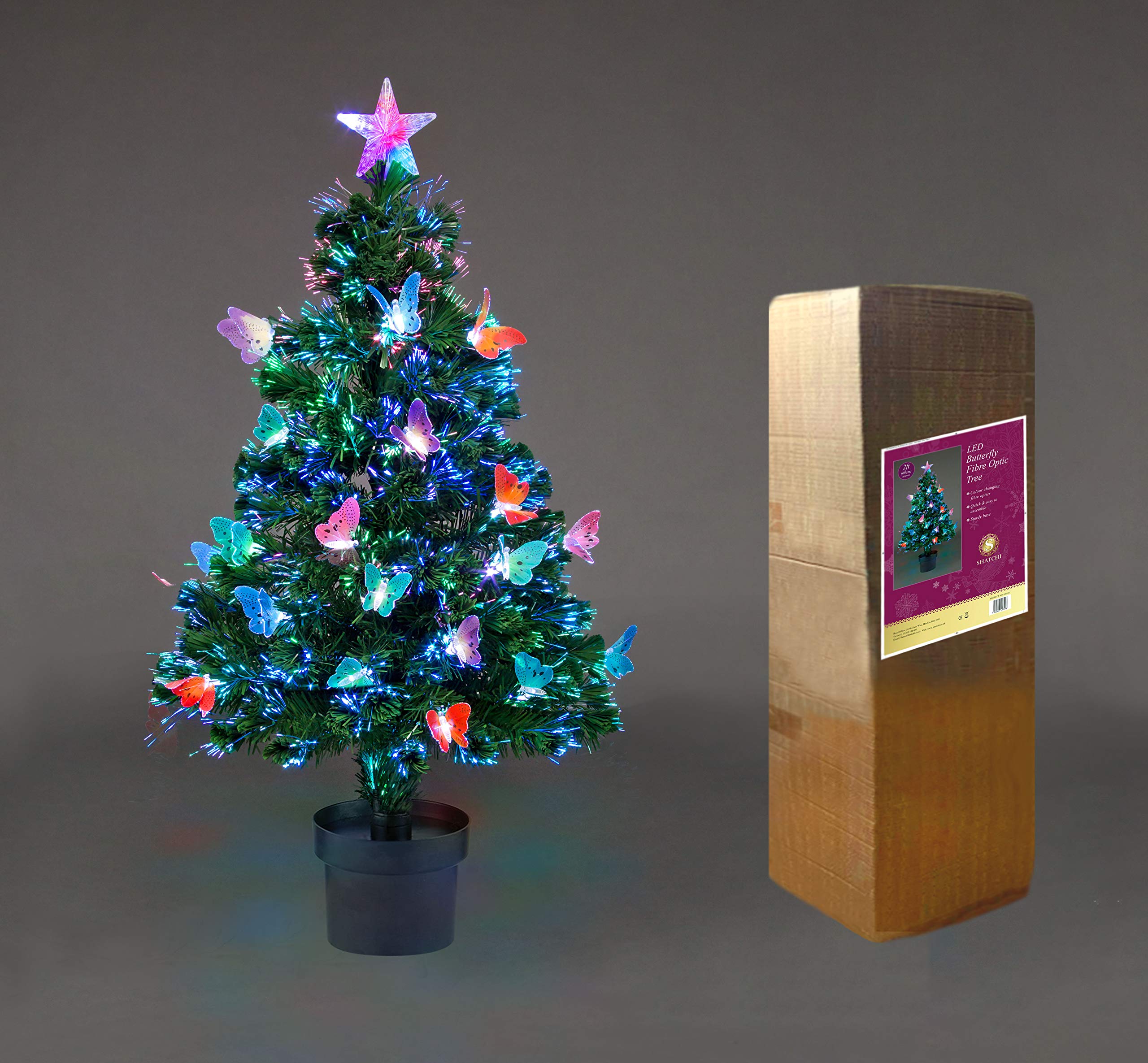 Shatchi Butterfly 2Ft/60Cm Fibre Optic Christmas Tree With Star Topper - Led Decorations - Pre-Lit Green Artificial Xmas Tree - Multicolor Changing Lights