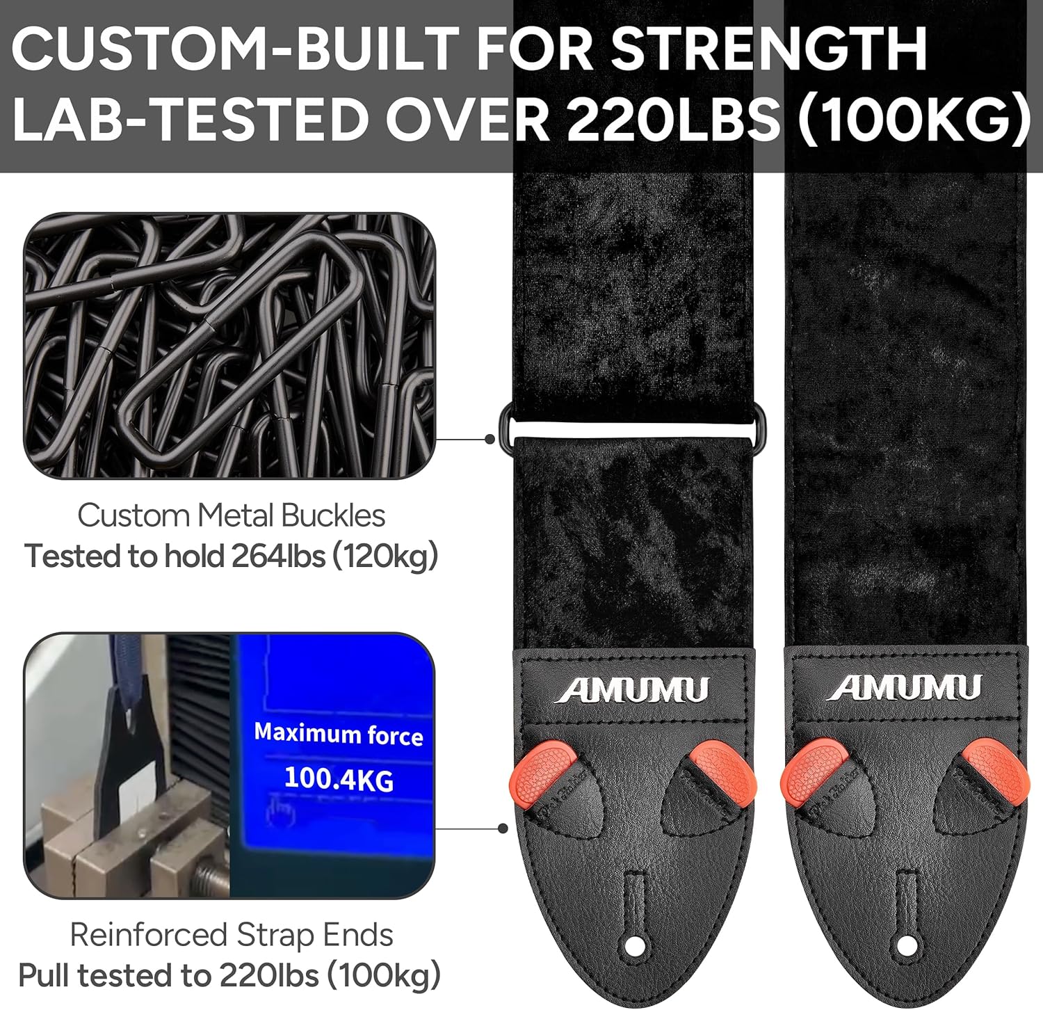 Amumu 3" Flocked Velvet Guitar Strap with Microfiber Leather Ends - Fits Acoustic, Bass and Electric Guitar - Black