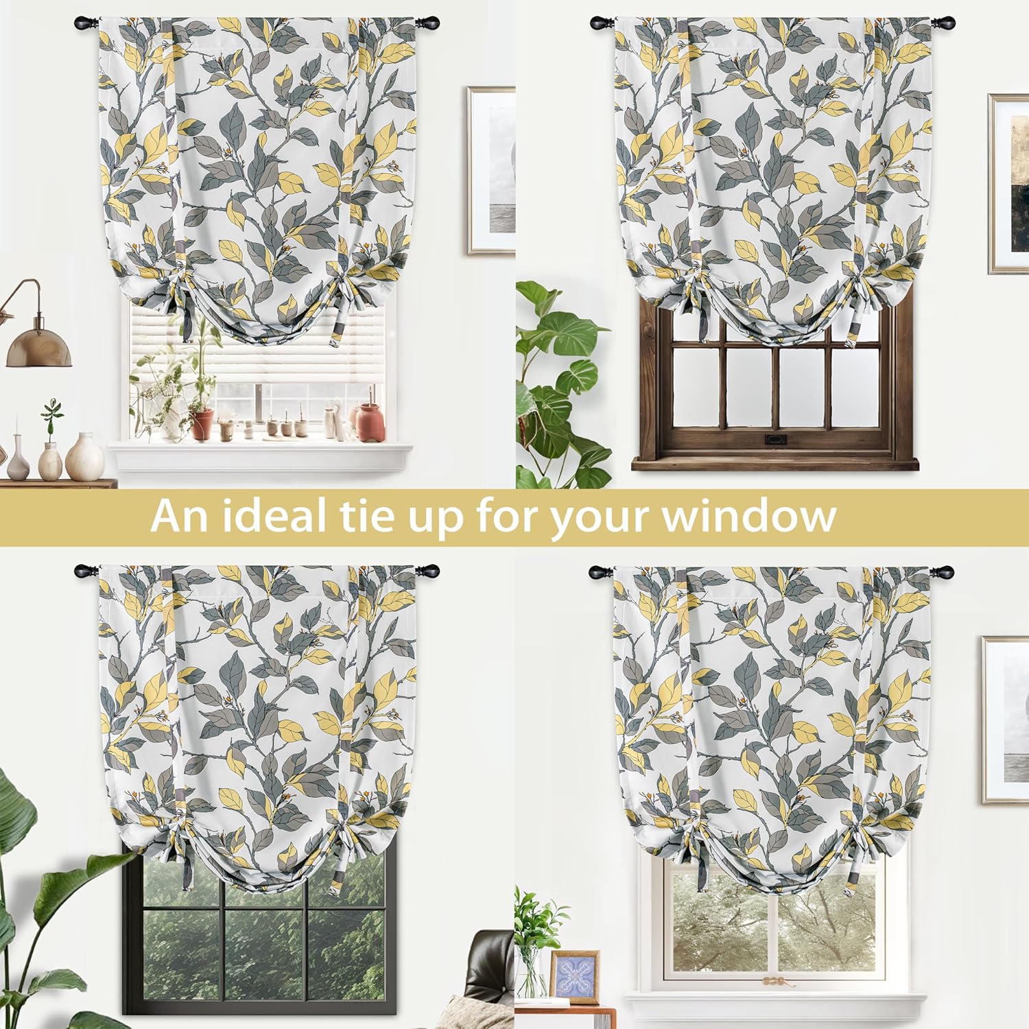 DriftAway Tie Up Curtains for Windows Ryan Sketch Floral Branch Leaves Blackout Lined Tie Up Adjustable Balloon Rod Pocket Curtain for Small Window 31 Inch by 47 Inch Yellow Gray