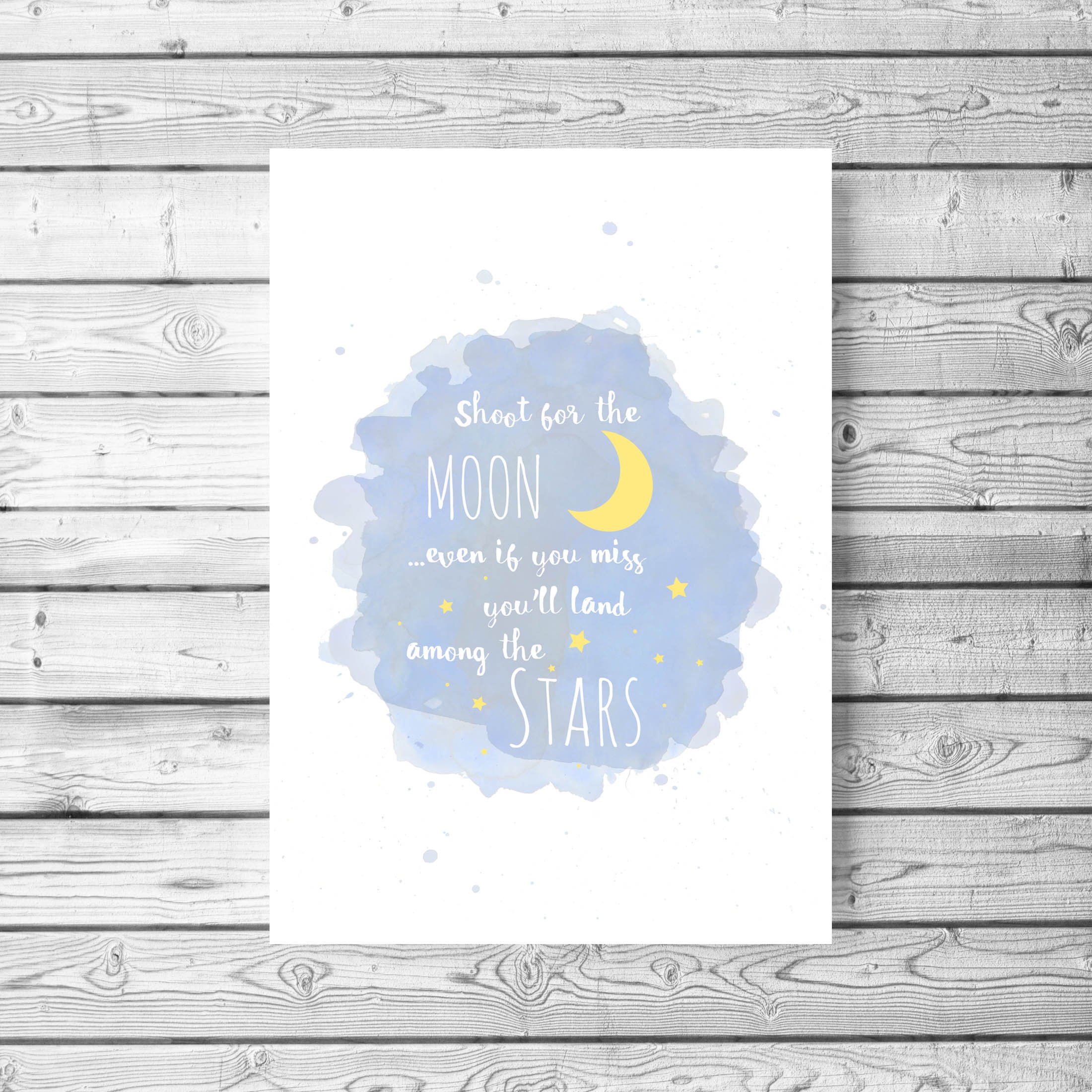 Shoot For The Moon Nursery Quote Print Boys Wall Art, Star Inspirational Baby Room Decor A4 UNFRAMED, Crafty Cow Design