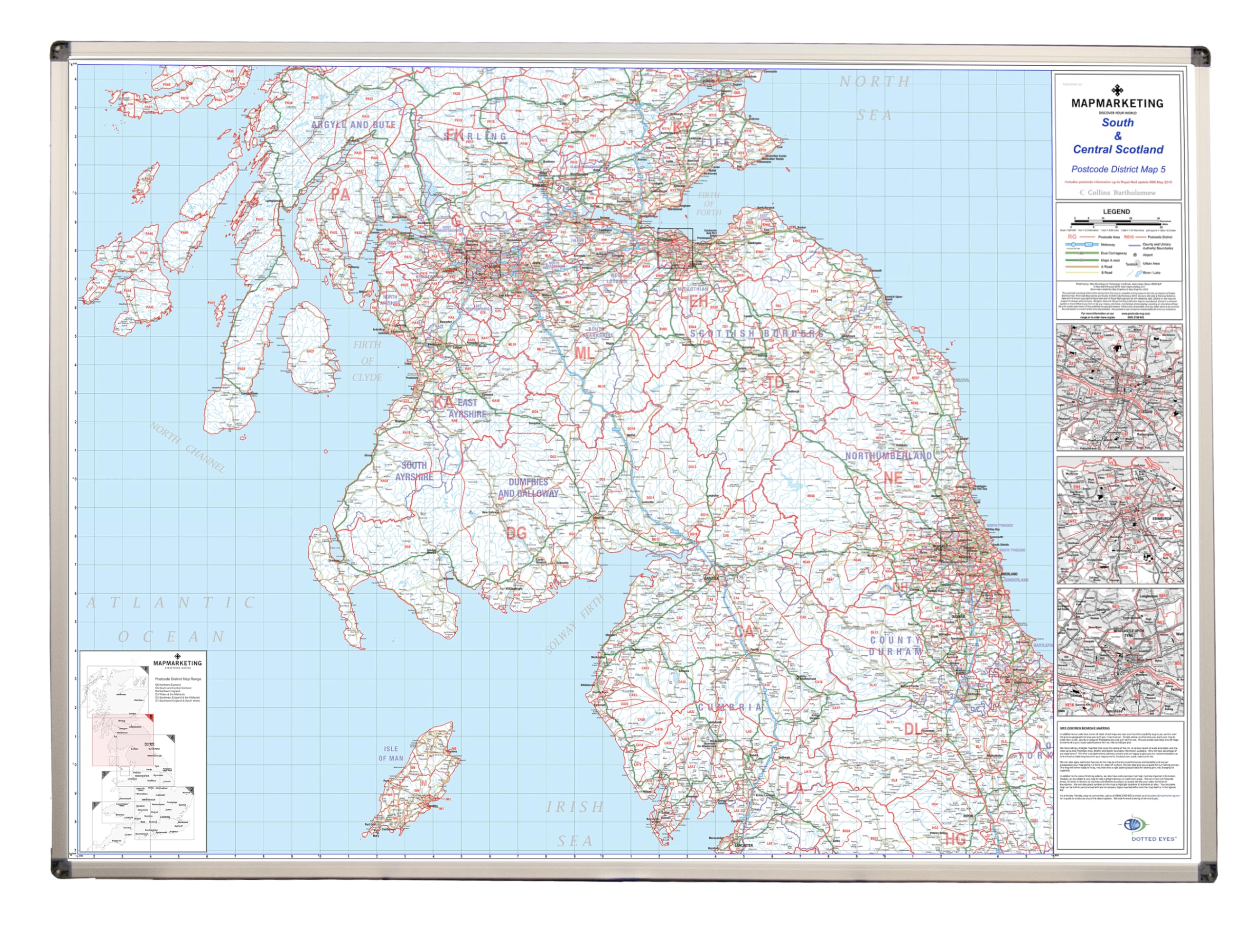 Large South And Central Scotland Postcode Wall Map - Covering Glasgow, Edinburgh And Newcastle - City Plan Inlays, County Boundaries, Motorways, Primary 'A'+'B' Roads, Towns, Cities โ image 1