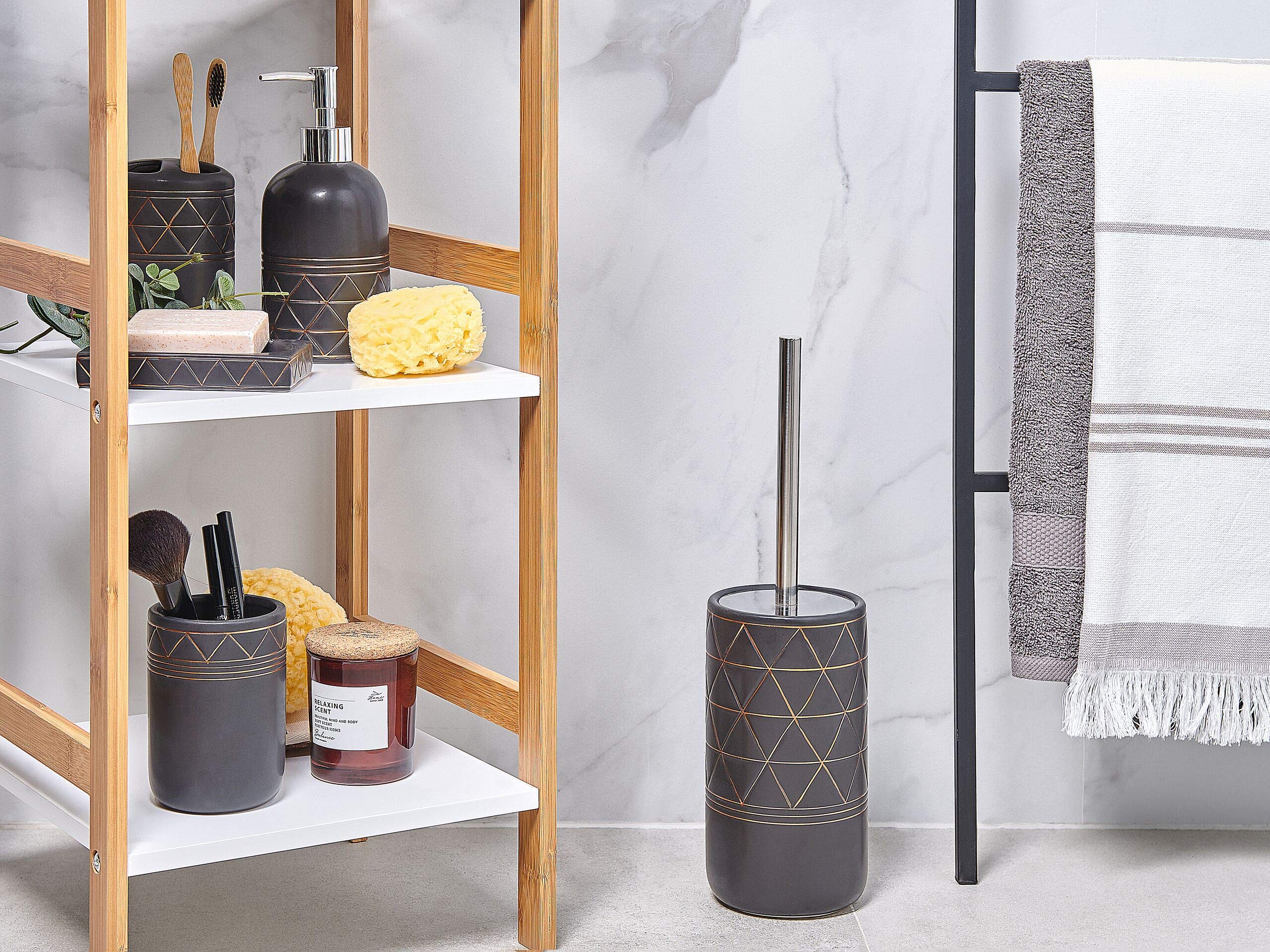Elegantes Badezimmer-Zubehör 5-teilig aus Keramik in Schwarz/Gold Lanco