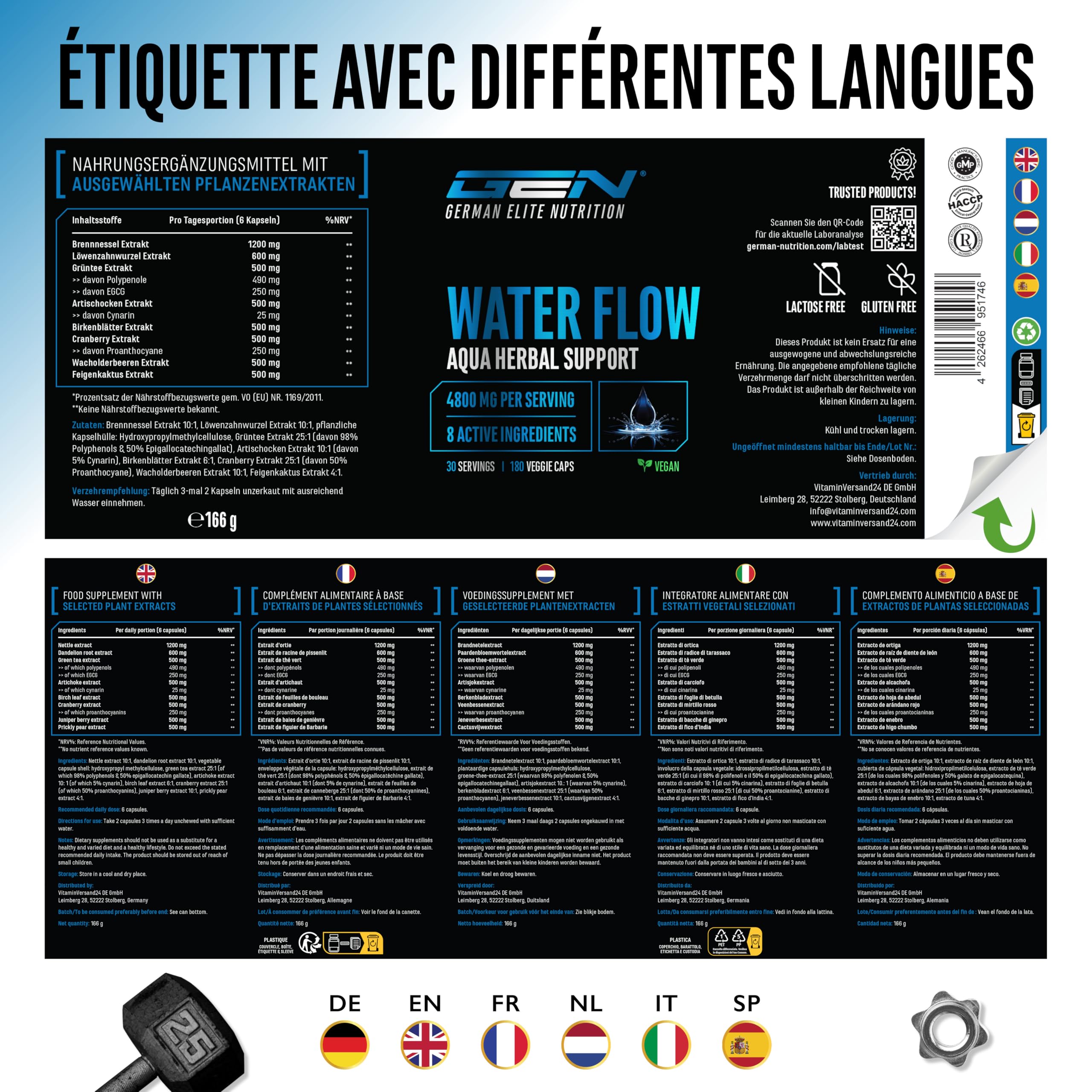 Water Flow Complexe - 180 capsules - Avec Ortie, Pissenlit, Thé Vert, Artichaut et Canneberge - Formule Végétale sans Comprimés Diurétiques Chimiques - Végan, Hautement Dosé