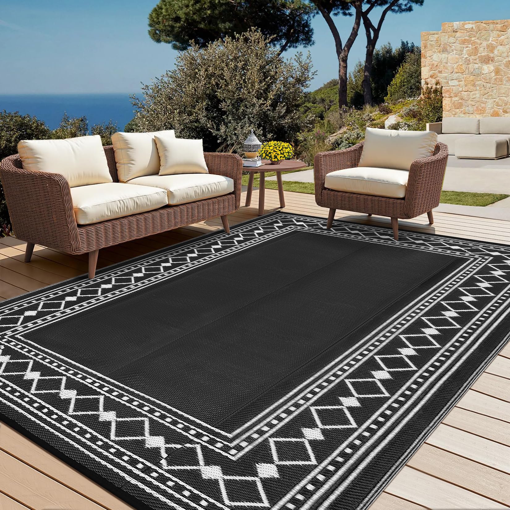 HarmonyHealth Waterproof Outdoor Rug 8x10 Bordered Indoor Outdoor Carpet, UV-Resistant Plastic Straw Rugs for Patio, Modern Reversible Floor Mat for